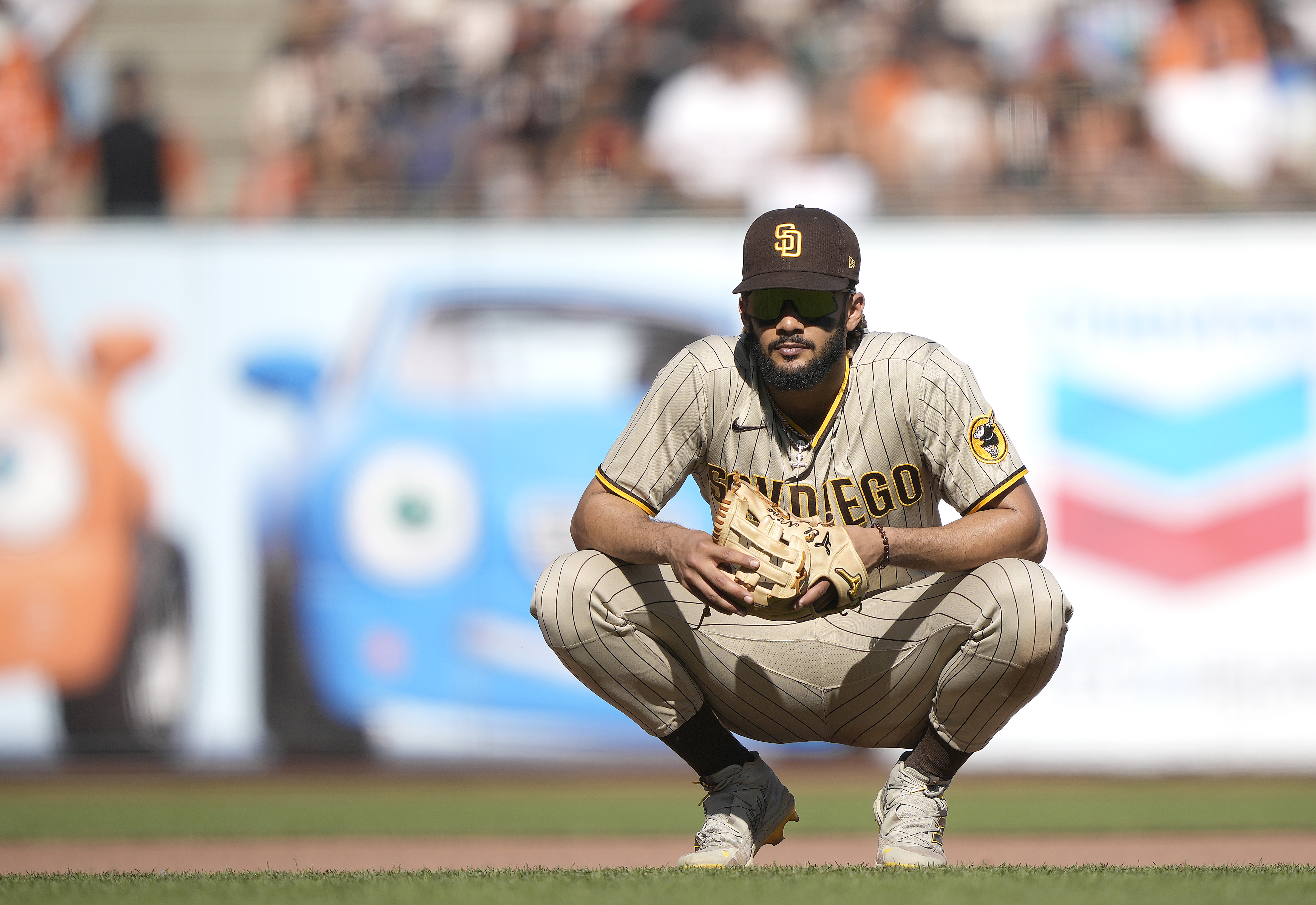 Fernando Tatis Jr. of the San Diego Padres looks on from his position against the San Francisco Giants in the bottom of the six inning at Oracle Park on October 02, 2021 in San Francisco, California.