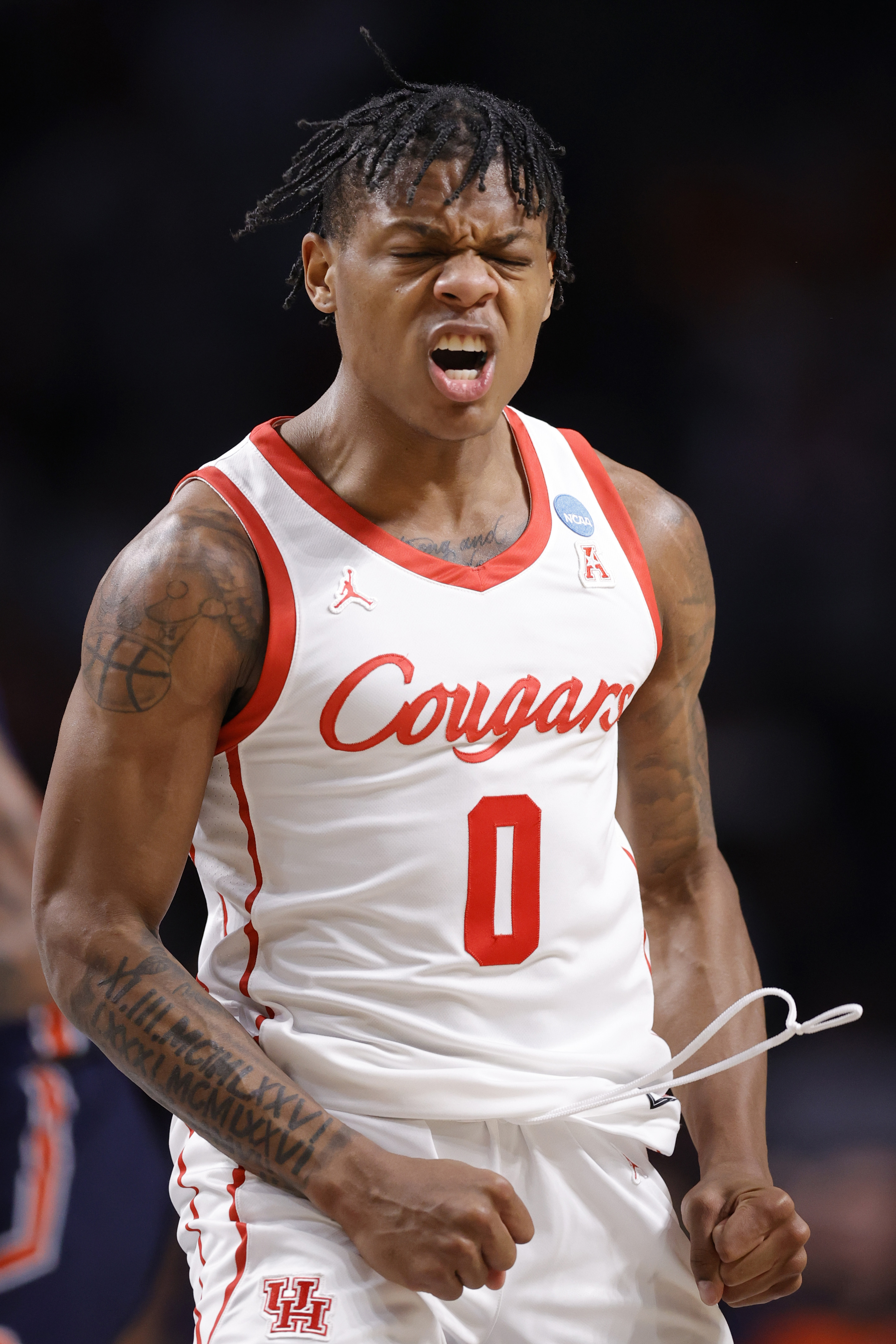 Marcus Sasser #0 of the Houston Cougars reacts after a basket during the first half against the Auburn Tigers in the second round of the NCAA Men’s Basketball Tournament at Legacy Arena at the BJCC on March 18, 2023 in Birmingham, Alabama.