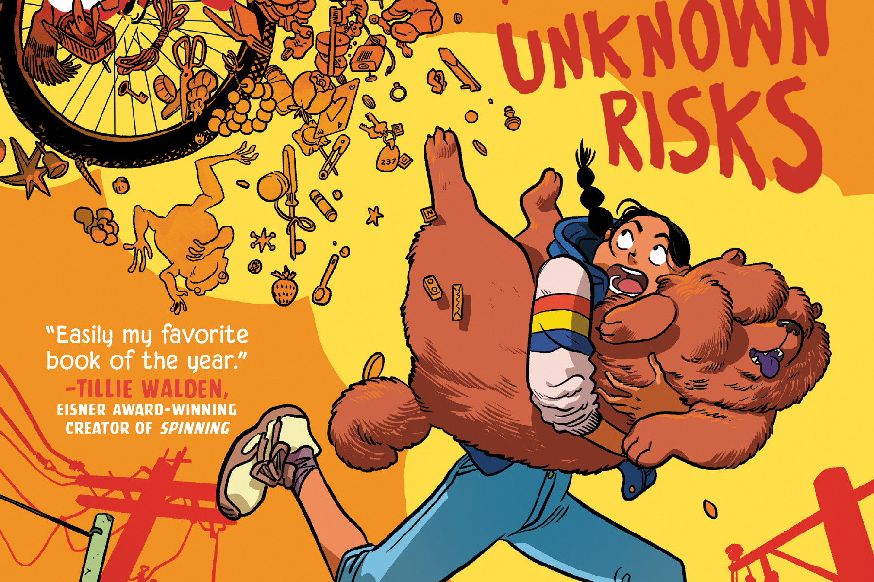 Marguerite, a tan girl with braided pigtails, dashes away from an avalanche of miscellaneous objects, carrying her large fluffy dog, Daisy, on the cover of Danger and other Unknown Risks.