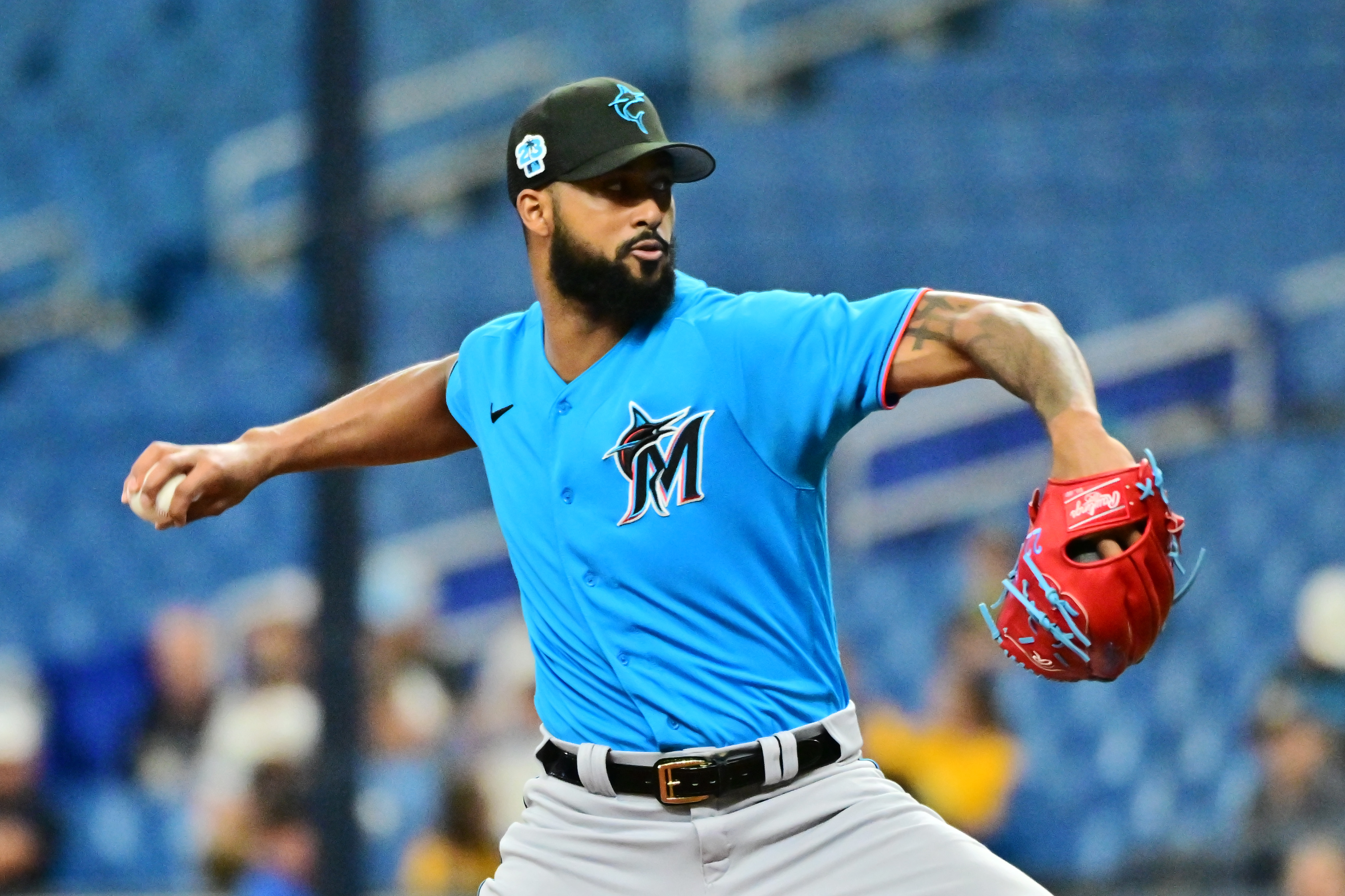 Sandy Alcantara #22 of the Miami Marlins pitches against the Tampa Bay Rays in the first inning during a Grapefruit League Spring Training game at Tropicana Field on March 06, 2023 in St Petersburg, Florida.