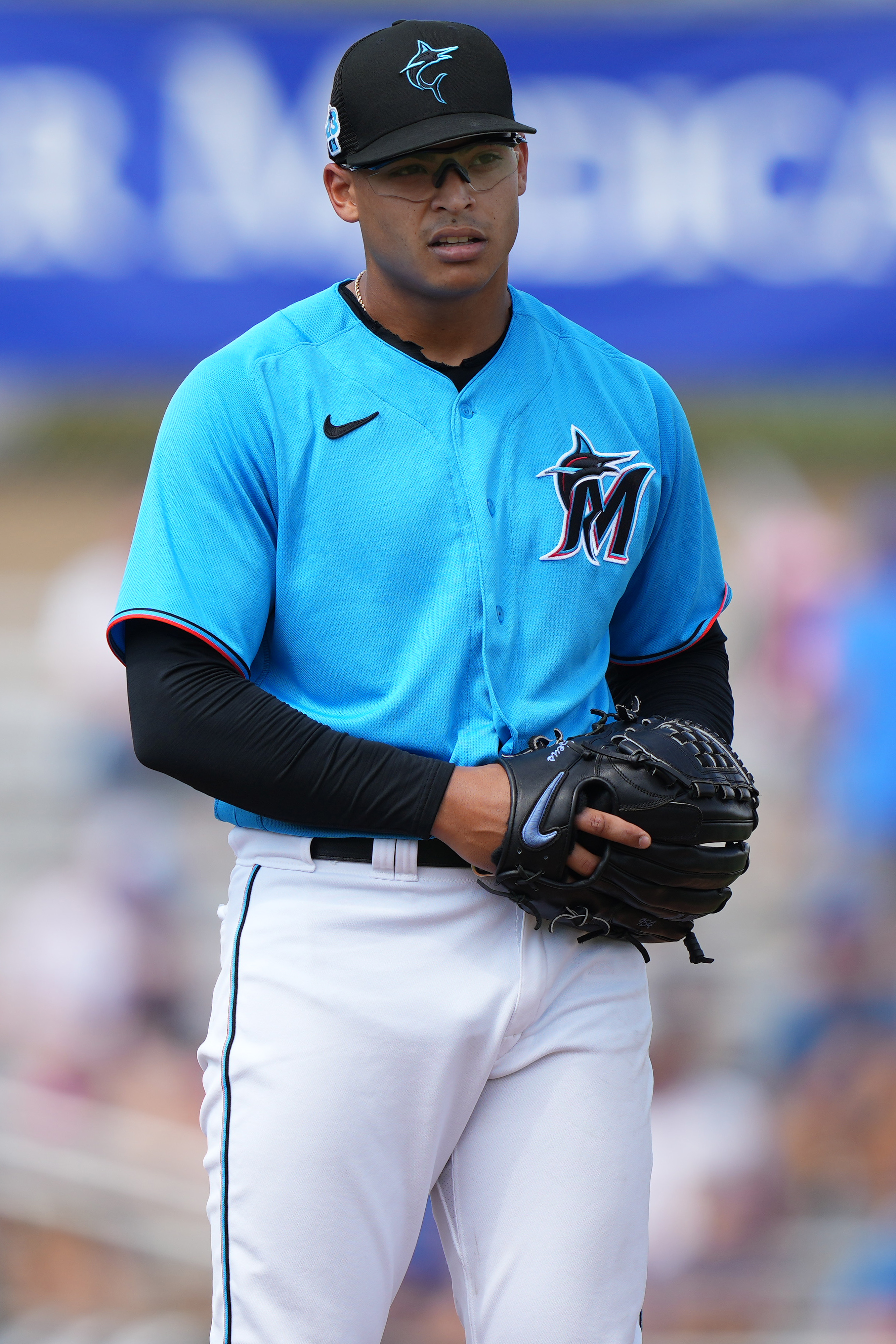 Jesus Luzardo #44 of the Miami Marlins stands on the mound in the first innign of the game against the New York Mets at Roger Dean Stadium on March 4, 2023 in Jupiter, Florida.