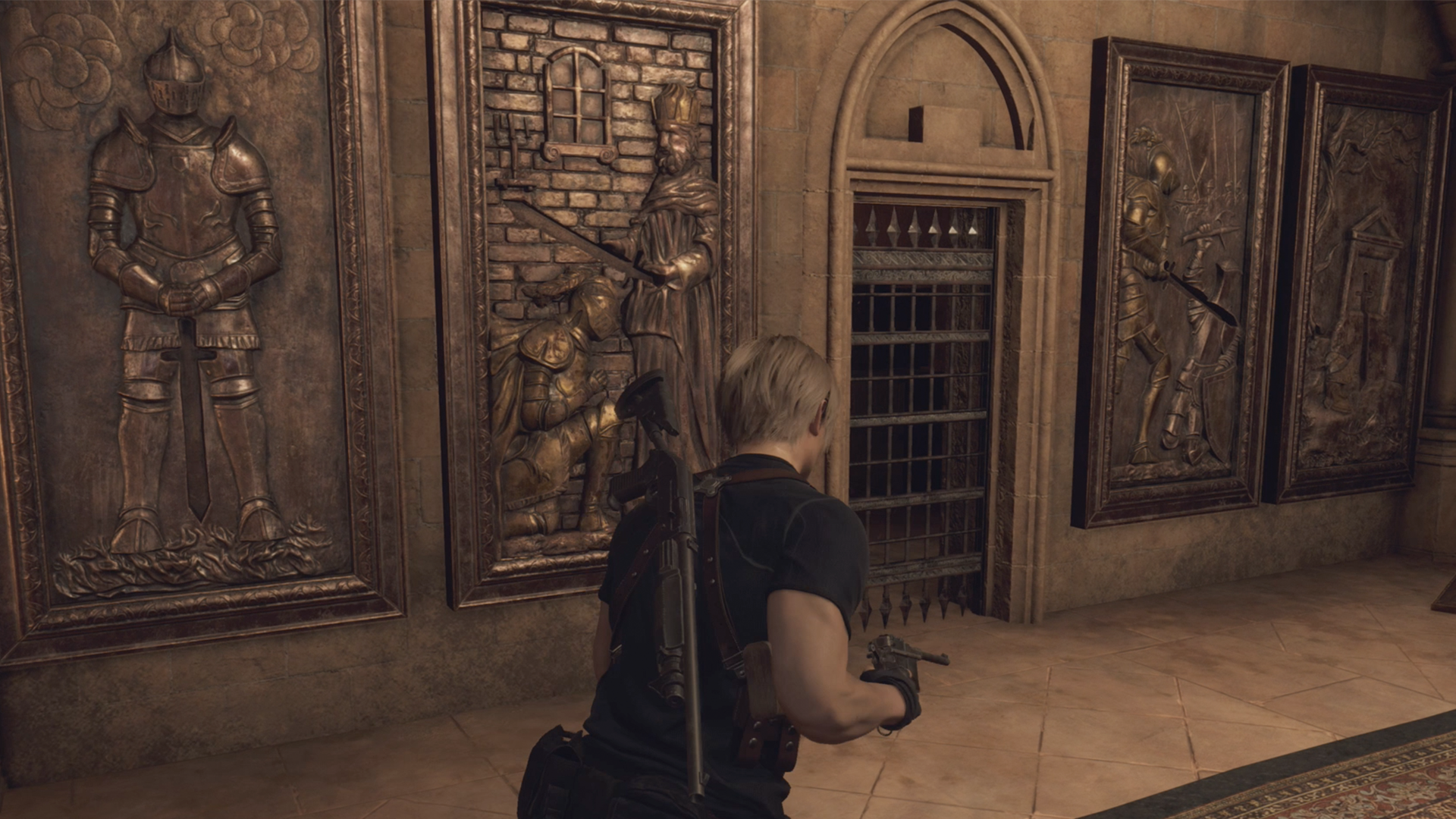 Resident Evil 4&nbsp;remake&nbsp;Leon in the Treasury in front of the sword puzzle