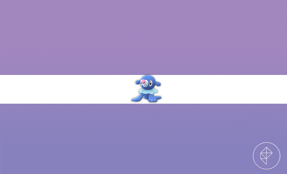 Popplio, the blue seal Pokémon, from Pokémon Go on a purple gradient background