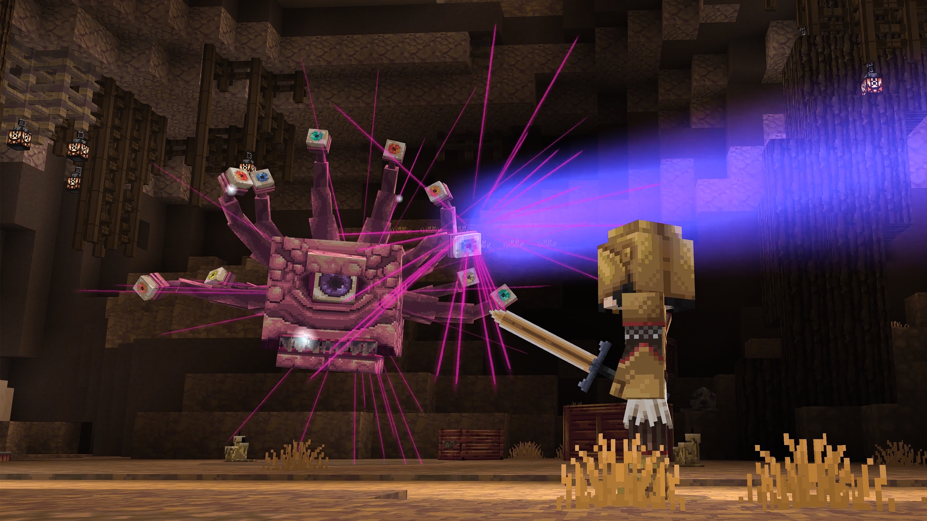 A sword-wielding character faces a Beholder in Dungeons &amp; Dragons’ Minecraft crossover