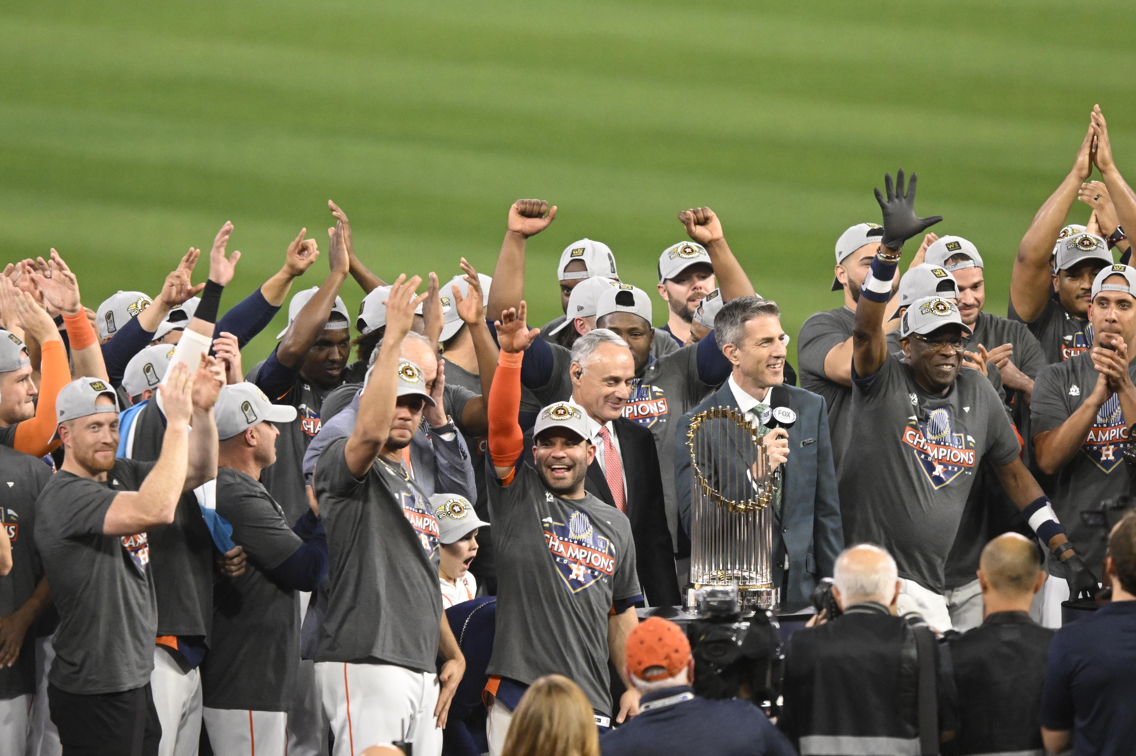 A general view of the Houston Astros team celebrating winning the World Series following game vs Philadelphia Phillies at Minute Maid Park. Game 6. Houston, TX 11/5/2022