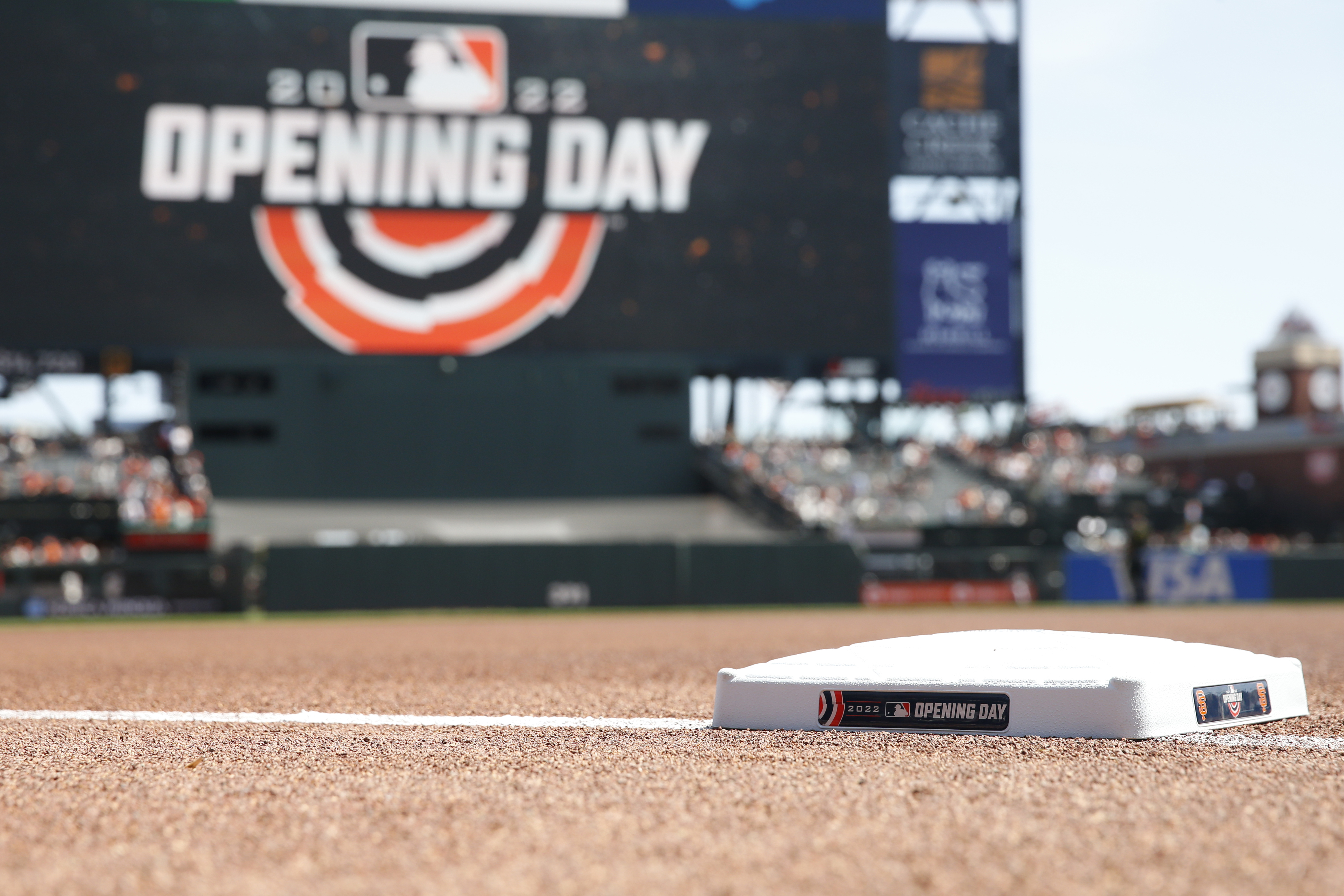 A detail shot of an Opening Day base prior to the game between the Miami Marlins and the San Francisco Giants at Oracle Park on Friday, April 8, 2022 in San Francisco, California.