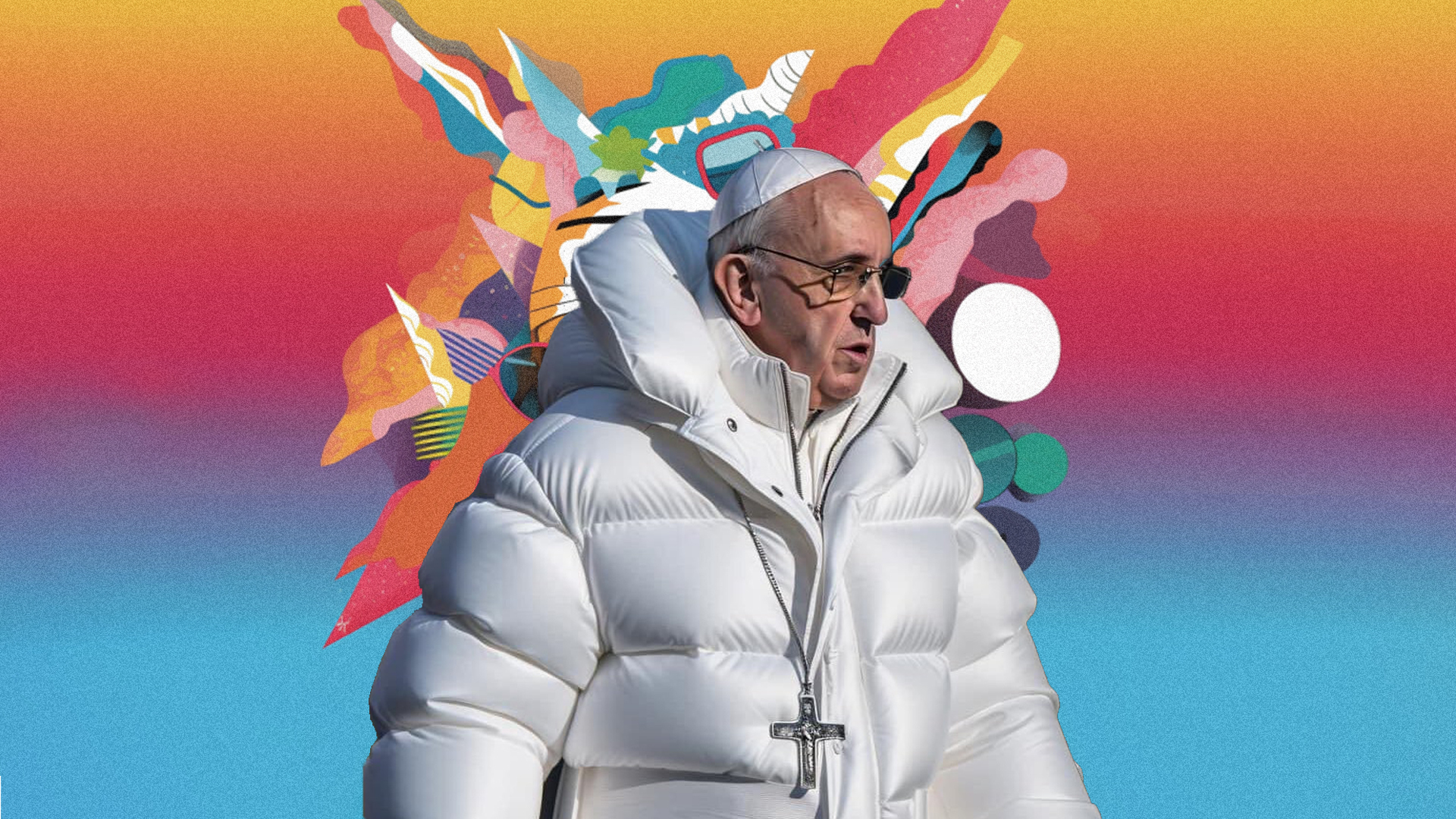 An AI generated image of Pope Francis wearing a big white puffy coat and dangling cross, on a colorful gradient background, with colors and streaks bursting from his upper body.