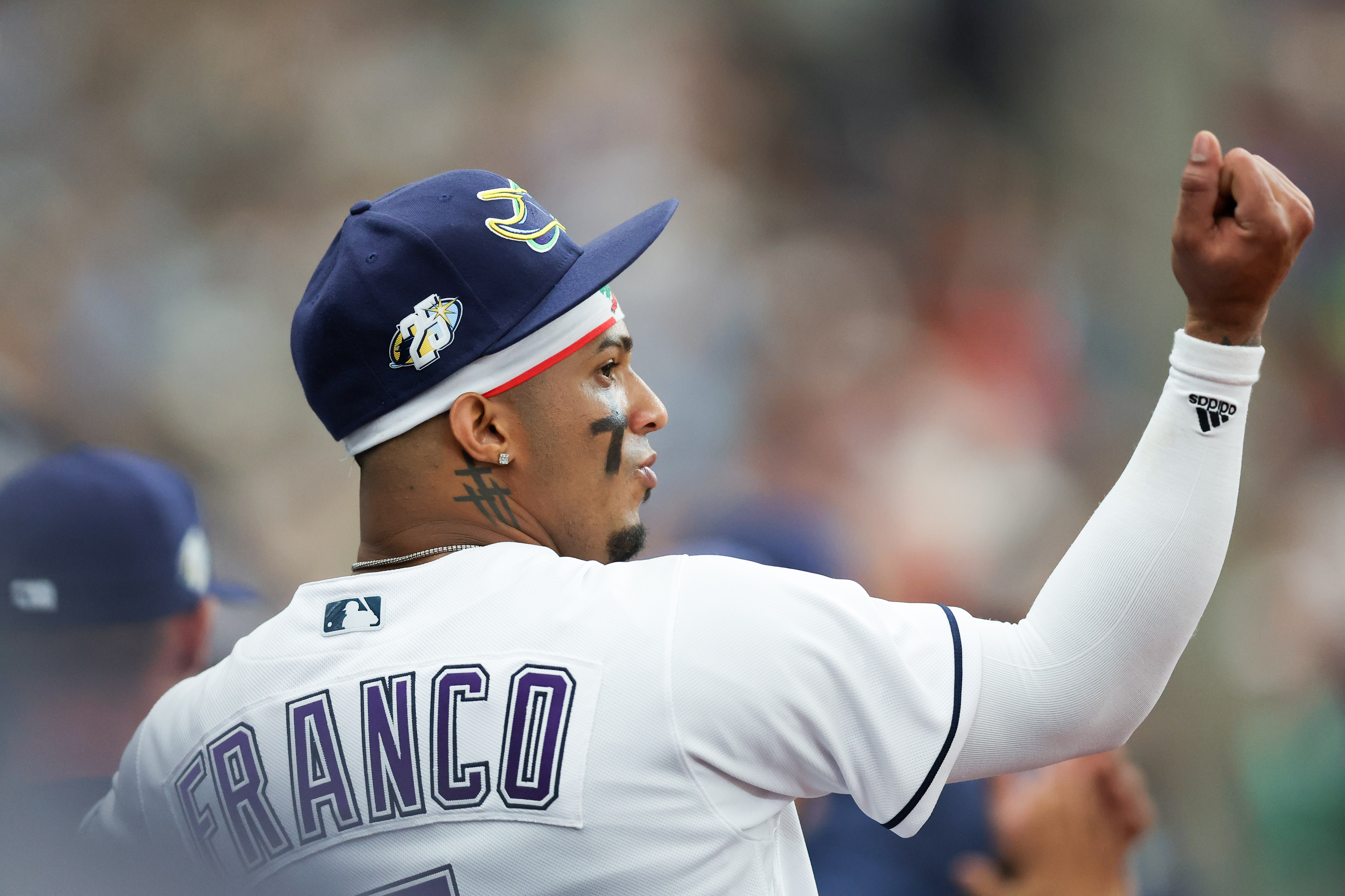 Wander Franco of the Tampa Bay Rays reacts in the sixth inning during the game between the Detroit Tigers and the Tampa Bay Rays at Tropicana Field on Thursday, March 30, 2023 in Tampa, Florida.