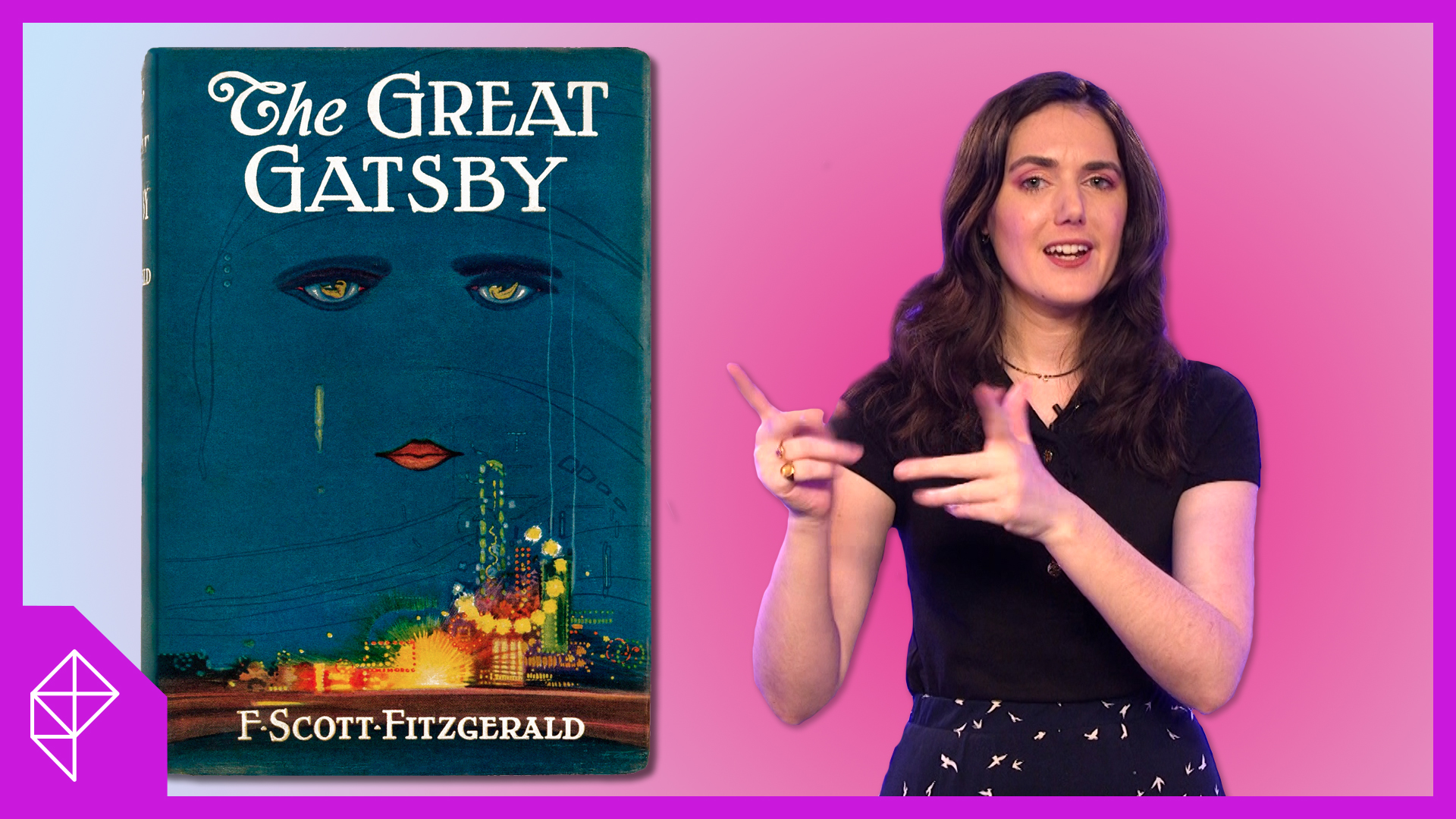 Simone de Rochefort, a brunette white woman in a black t-shirt, points at the original 1925 cover of The Great Gatsby.