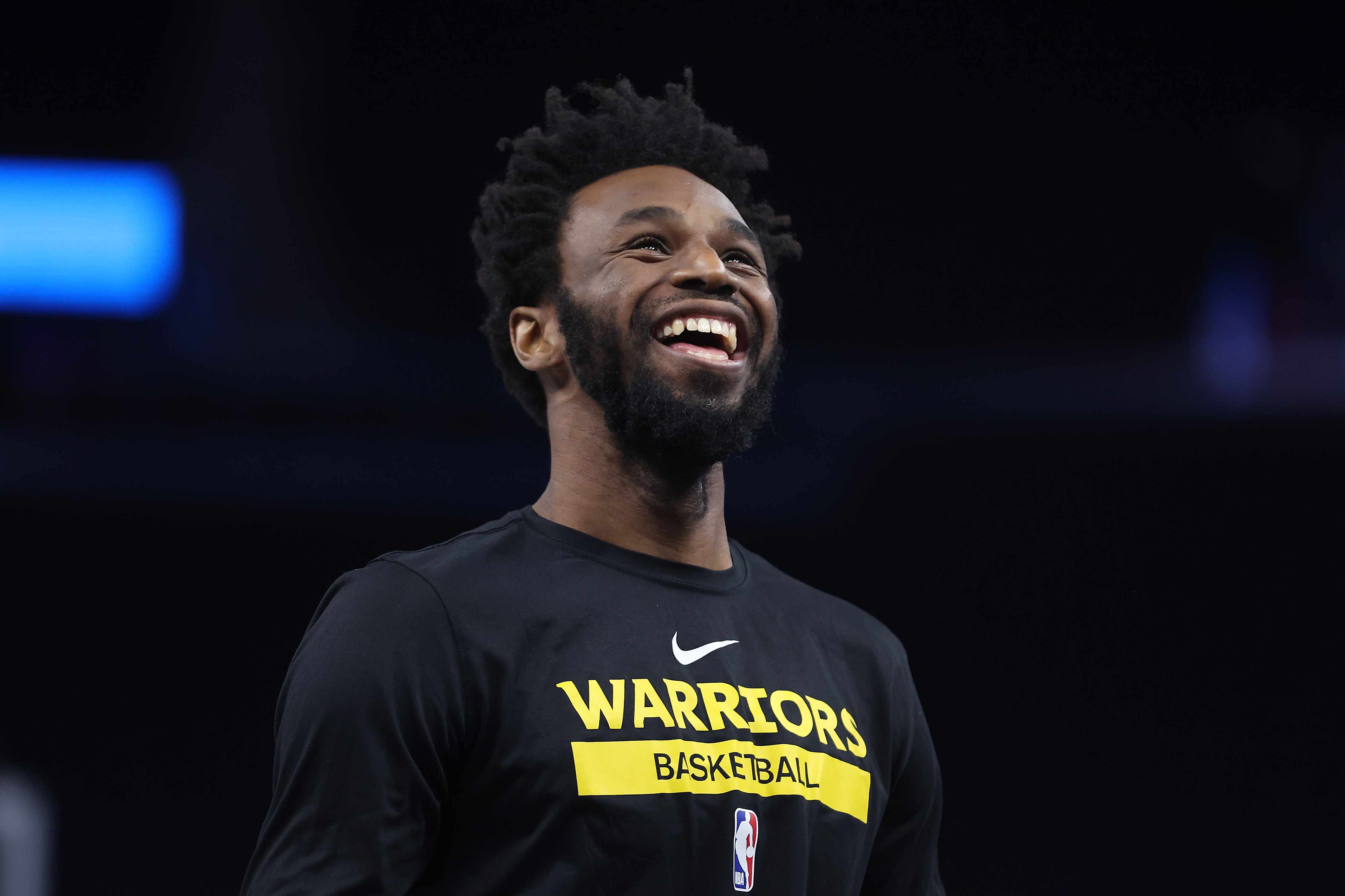 Andrew Wiggins smiling in warm-ups