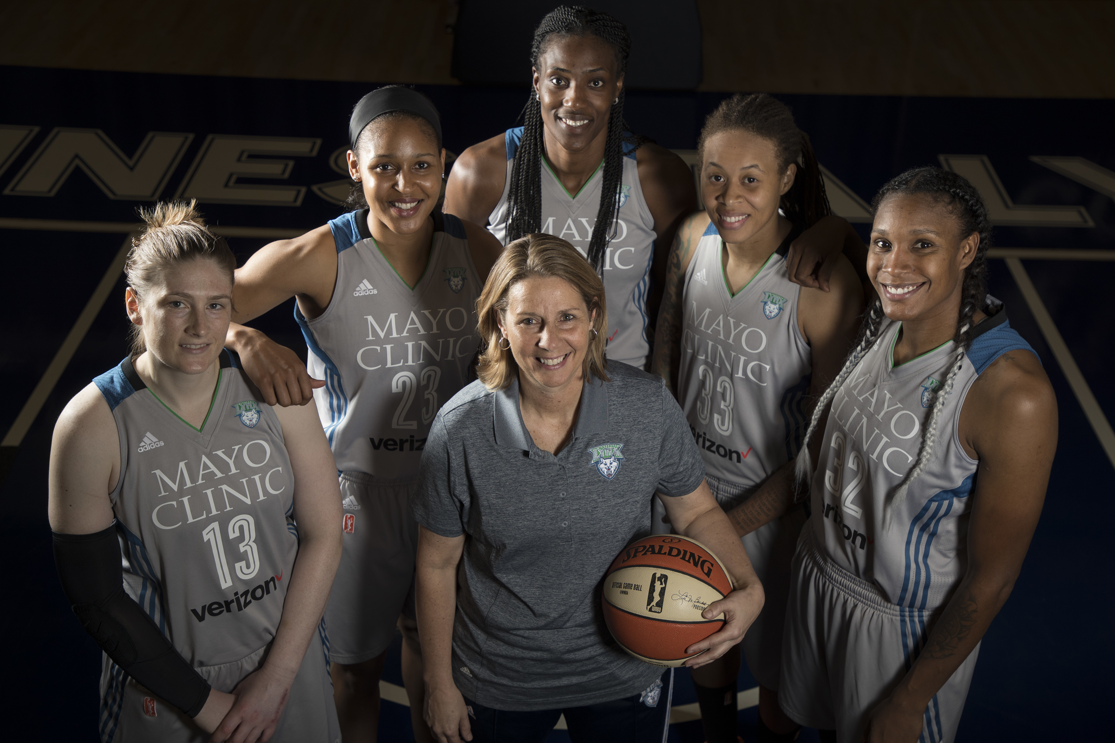 Lynx starters left to right Lindsay Whalen, Maya Moore, Sylvia Fowles, Seimone Augustus, and Rebekkah Brunson with head coach Cheryl Reeve at Mayo Clinic Square Thursday September 21,2017 in Minneapolis , MN. ] JERRY HOLT ‚Ä¢ jerry.holt@startribune.com