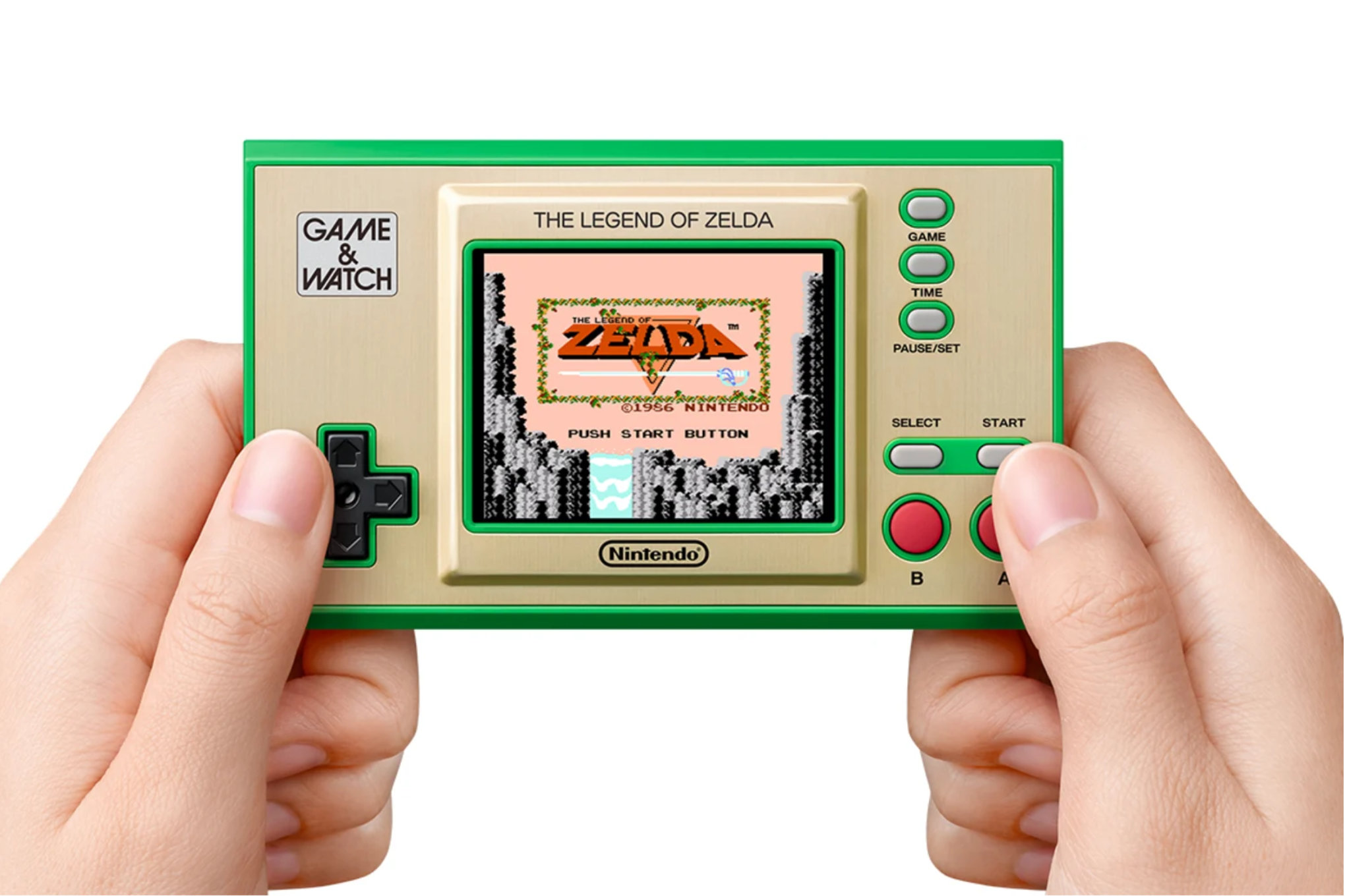 Two hands holding the Game &amp; Watch: The Legend of Zelda handheld. The Legend of Zelda game, originally released for the NES, is being displayed on its backlit color screen.