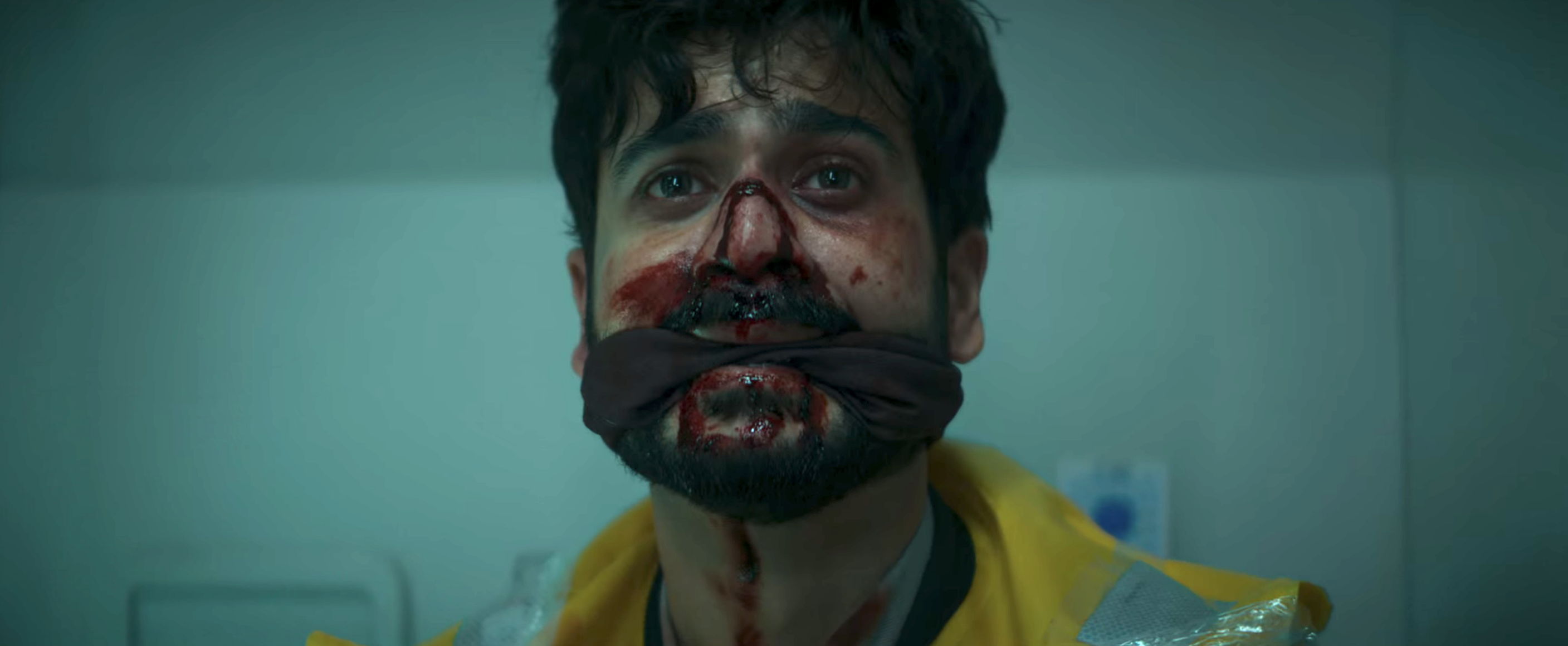 Ankit (Sunny Kaushal) sits in an airplane bathroom in Chor Nikal Ke Bhaga, gagged and covered with blood from a broken nose