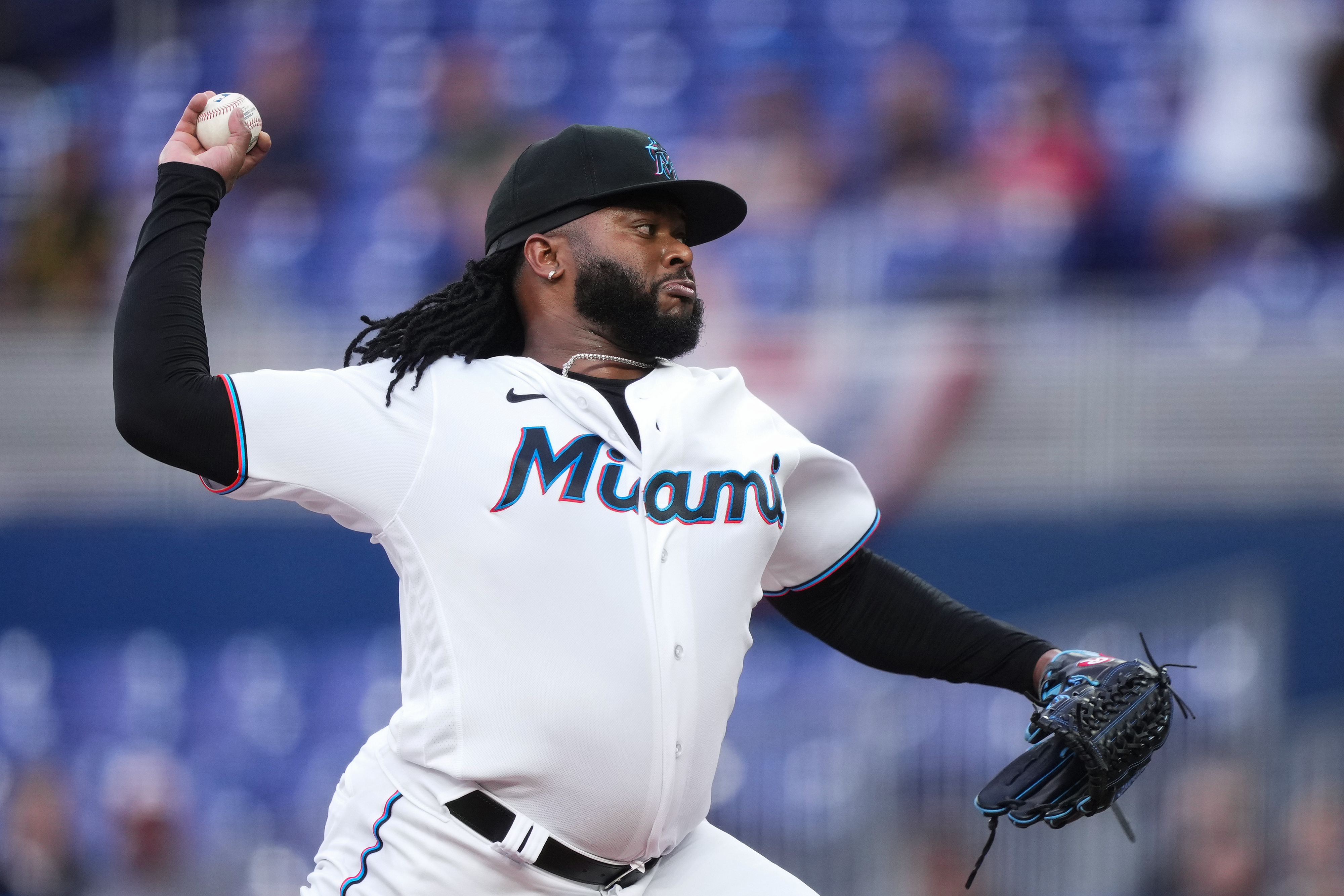 Johnny Cueto of the Miami Marlins delivers a pitch in the game against the Minnesota Twins at loanDepot park on April 3, 2023 in Miami, Florida.