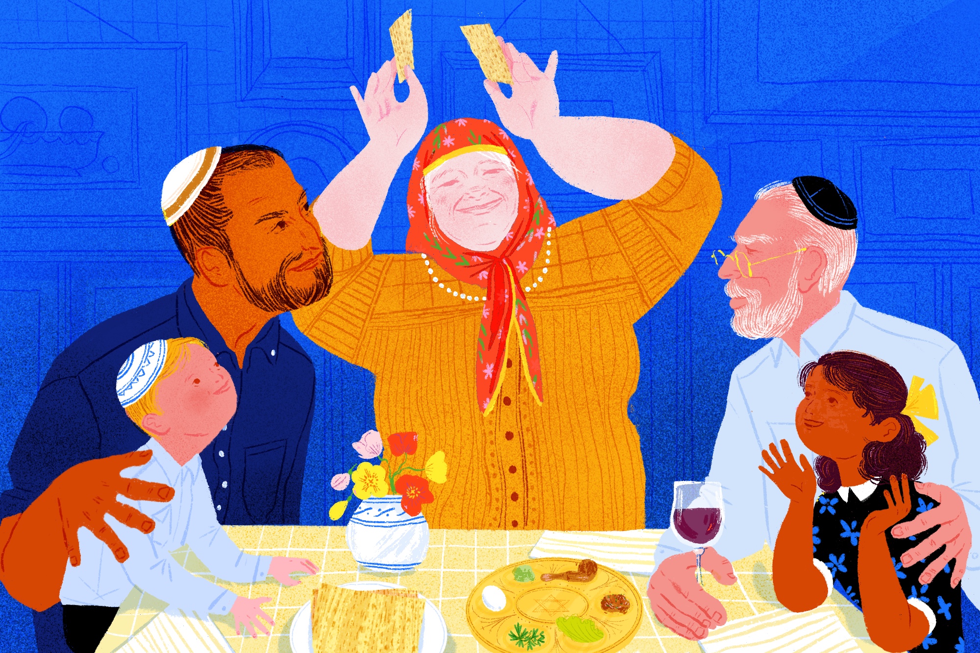 A woman at the head of the Passover seder table breaks a piece of matzo as her family looks on. Illustration.