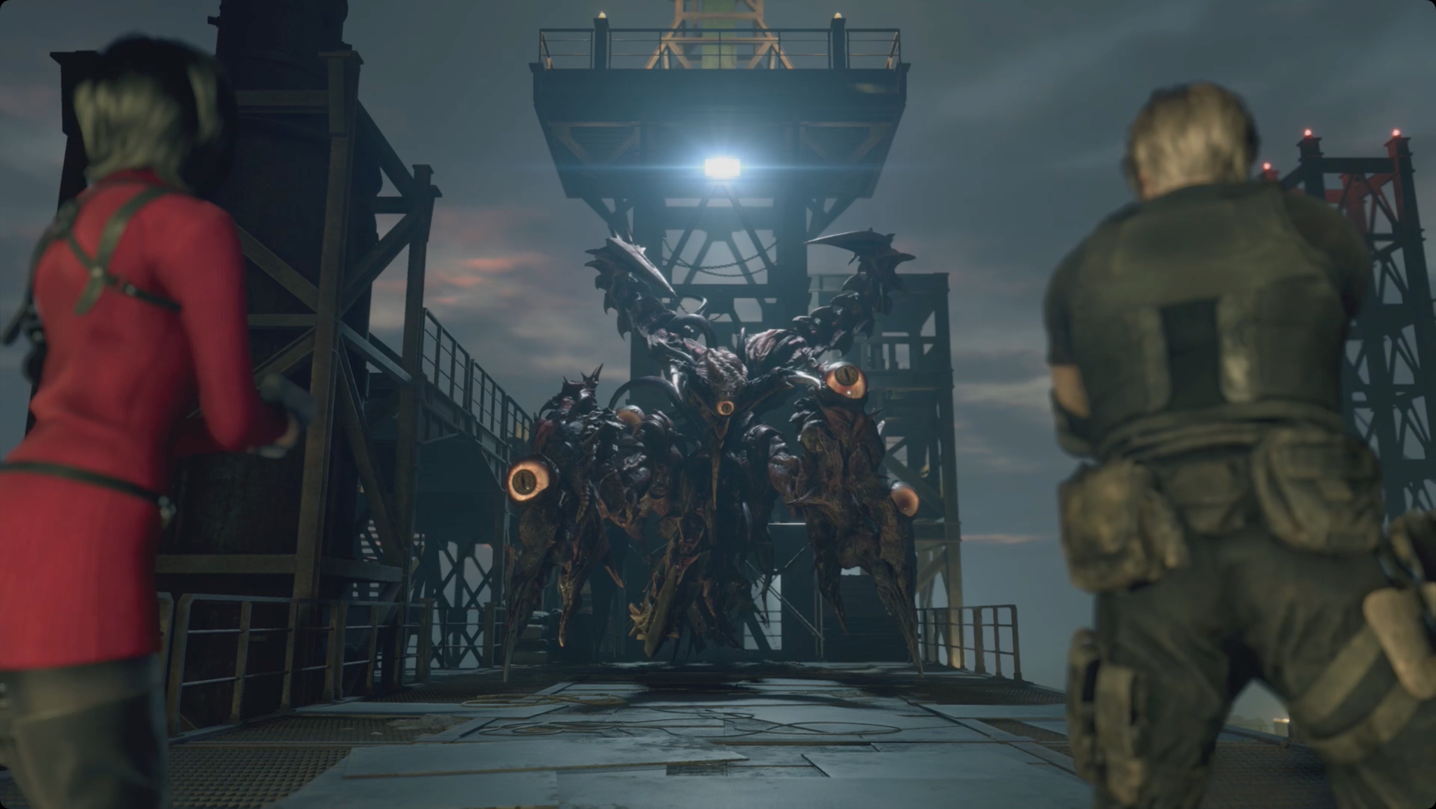 Resident Evil 4&nbsp;remake&nbsp;Leon and Ada facing off against the mutated Osmund Saddler on the Loading Docks