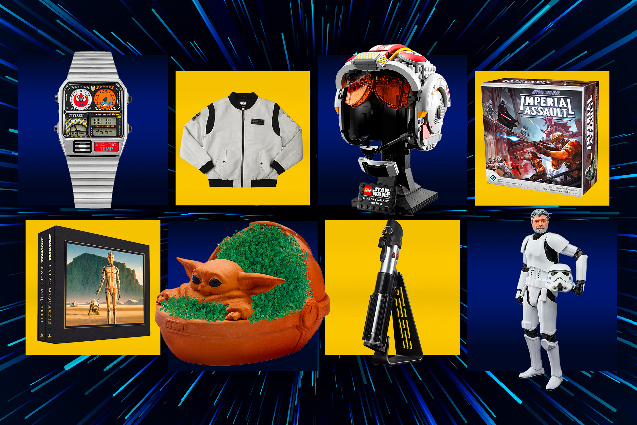 A mosaic consisting of eight items in this guide, including a Citizen watch, a Star Wars bomber jacket from Heroes &amp; Villians, a Ralph McQuarrie Star Wars art book, Star Wars Imperial Assault board games, the Lego Red Five helmet, a Darth Vader lightsaber replica, a Grogu Chia Pet, and a Kenner Stormtrooper figure of George Lucas.
