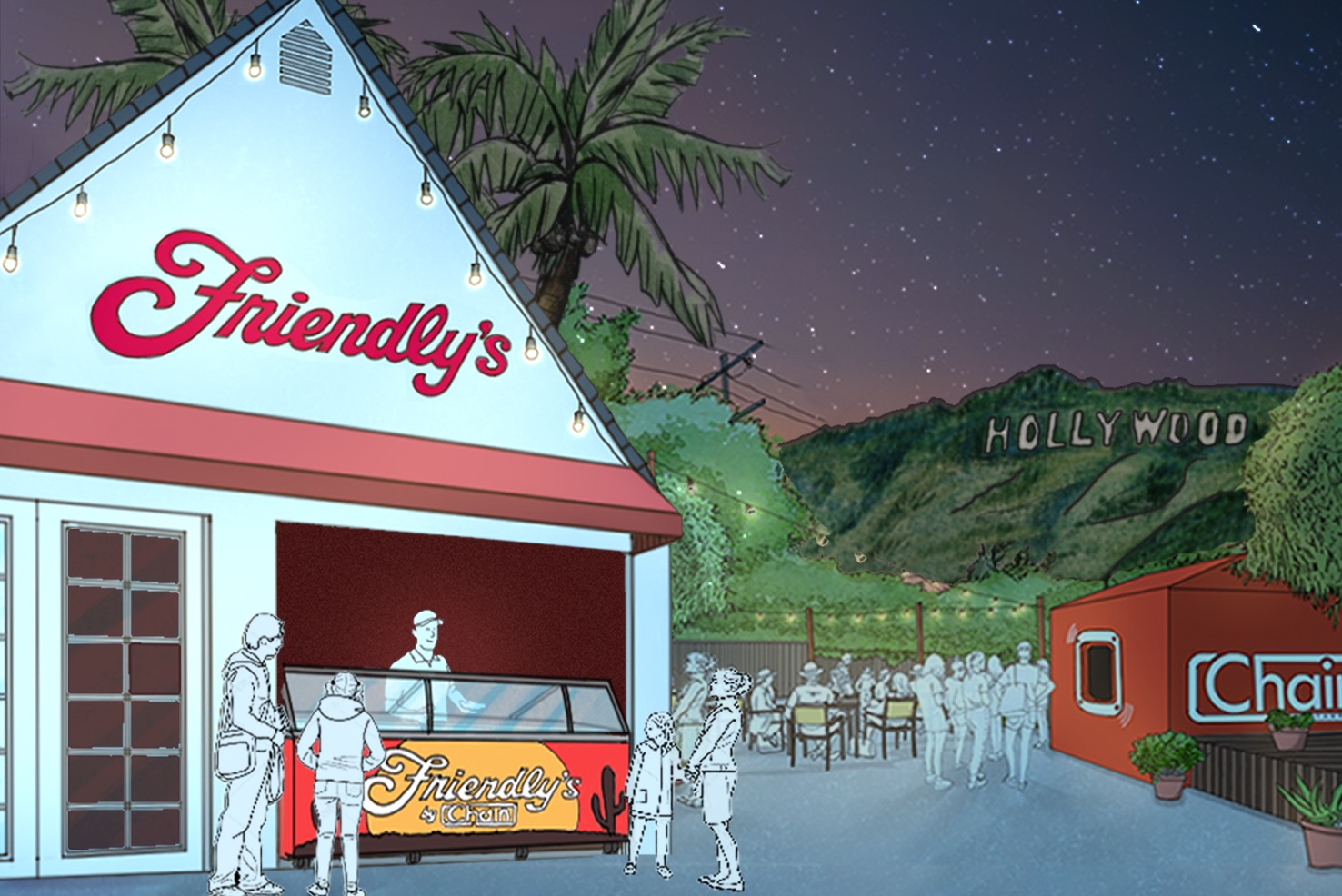 An illustration of East Coast ice cream parlor Friendly’s, with the Hollywood sign in the background.