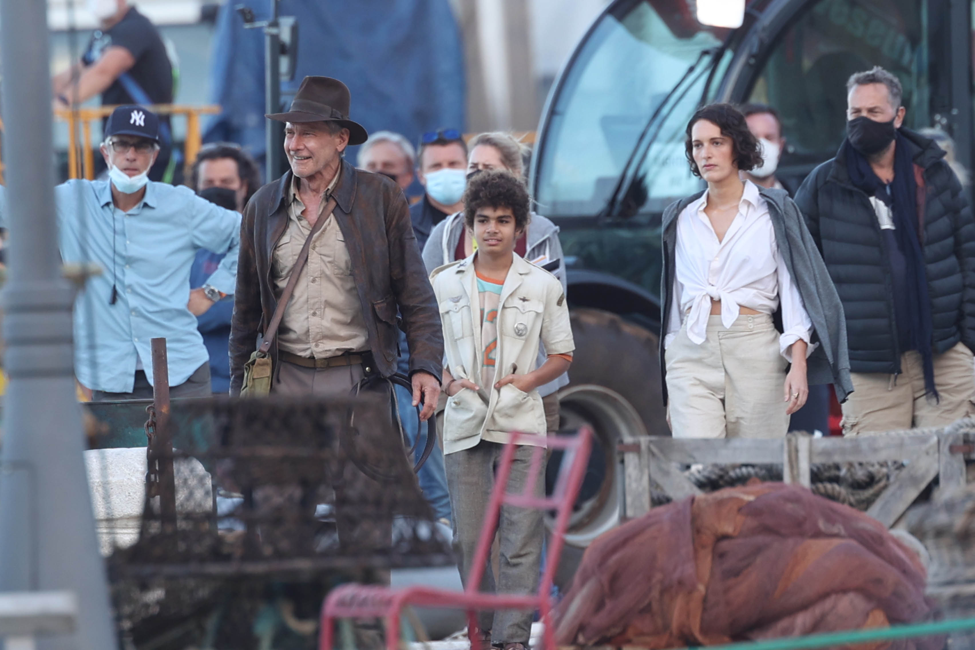 Harrison Ford, Phoebe Waller-Bridge are seen on the set of “Indiana Jones 5” in Sicily on October 18, 2021 in Castellammare del Golfo, Italy
