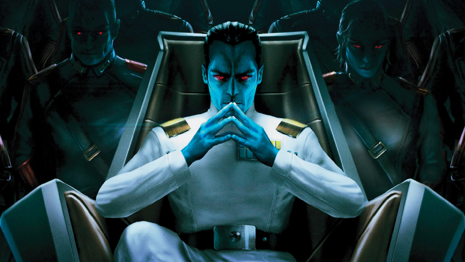 Thrawn, a person with blue skin, sits on a throne with steepled fingers in Thrawn Treason