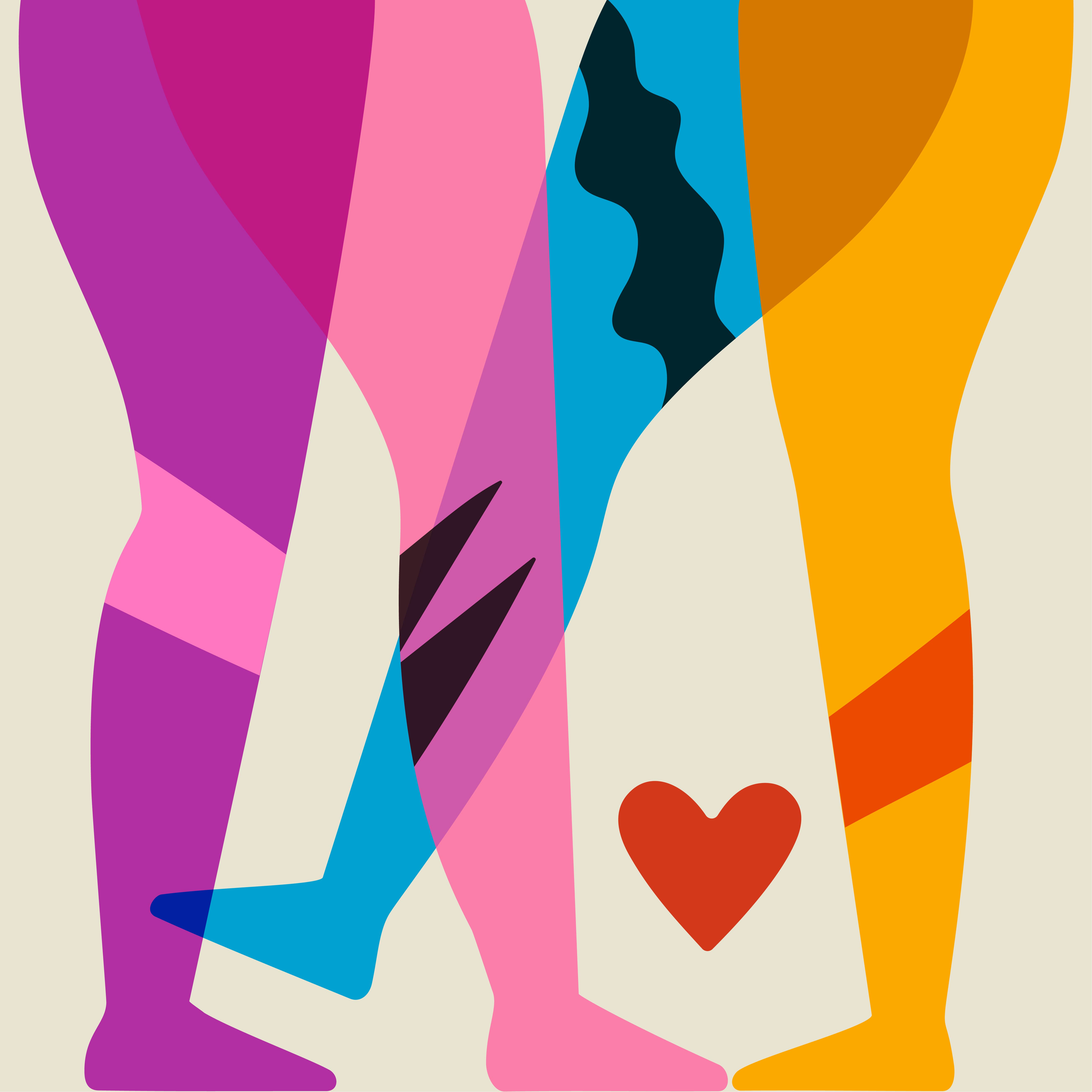 An abstract illustration of two pairs of legs with geometric designs on them walking toward each other. A small red heart is between two of the feet.