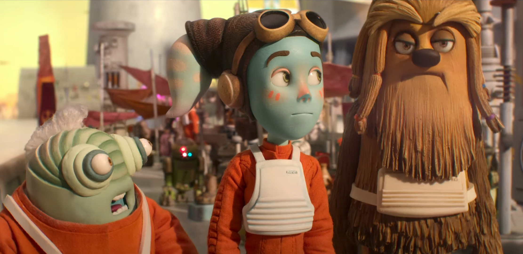 Rebel X-wing pilots (one at right is a wookiee) as shown in the claymation-style animation of Aardham, for Star Wars: Visions