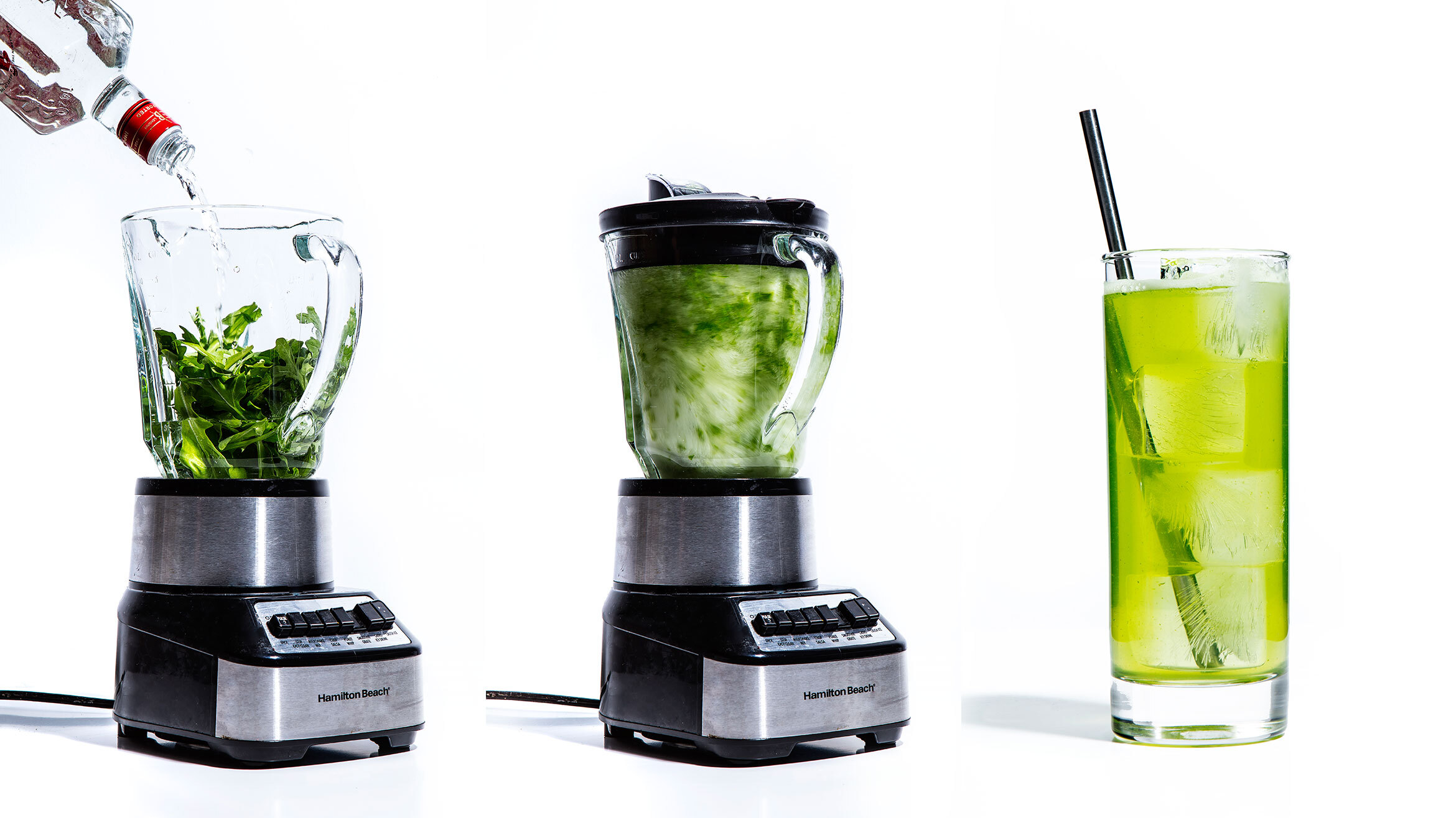 A step-by-step depiction of blending a cocktail with greens