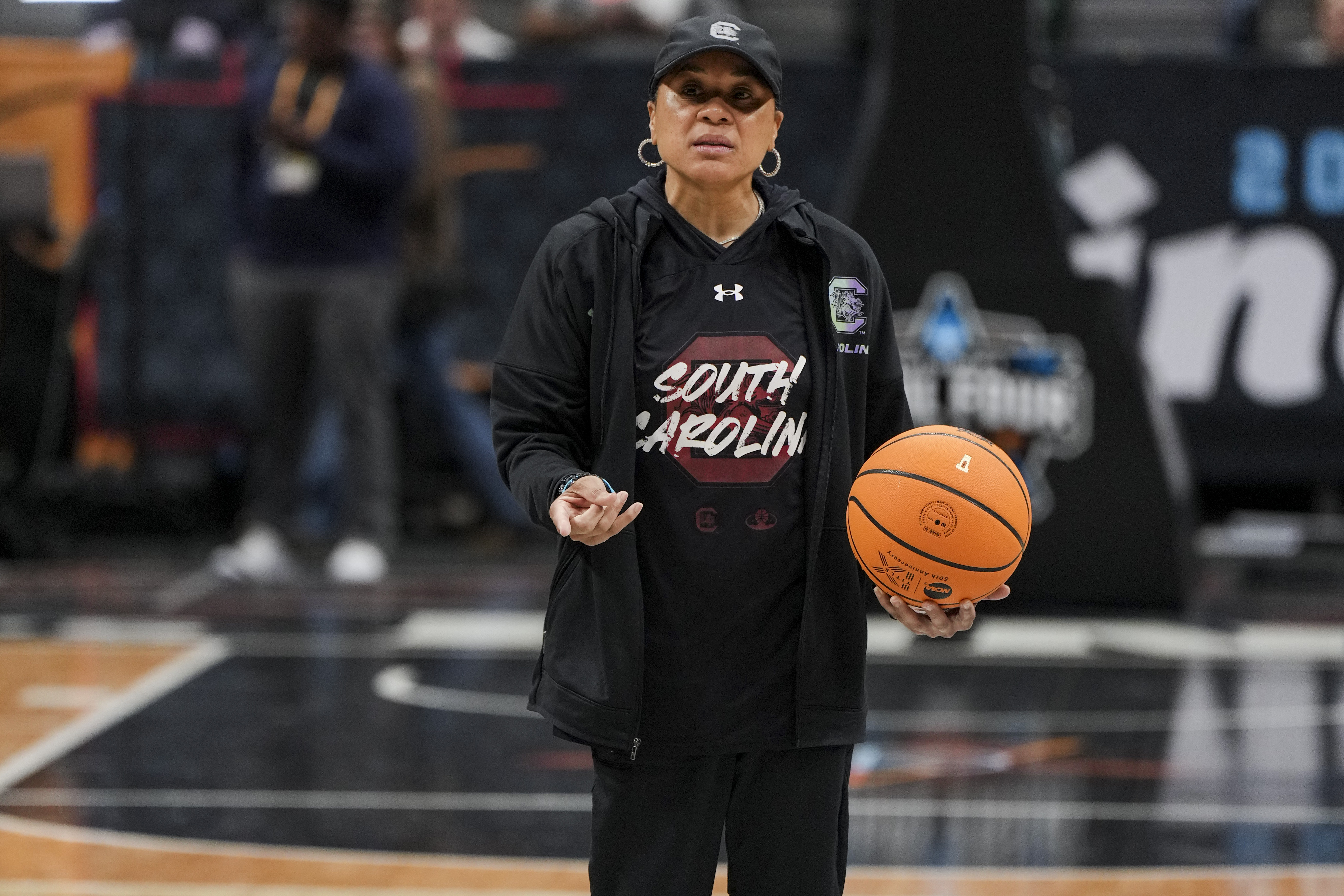 South Carolina Gamecocks head coach Dawn Staley stands on the court during team practice at American Airlines Center.