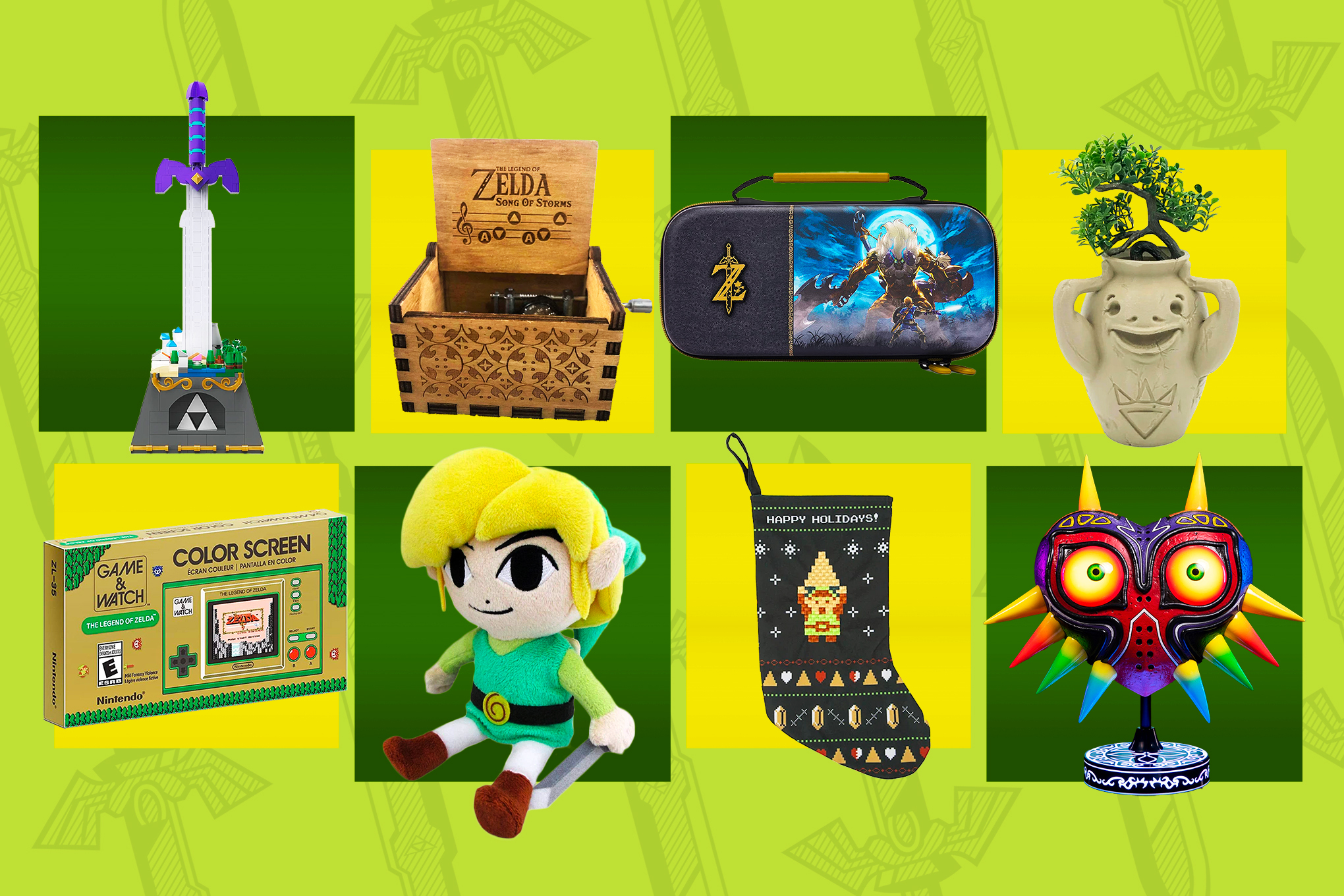 Nintendo’s Game &amp; Watch: The Legend of Zelda edition, Club Mocchi’s toon Link plushie from Wind Waker, First 4 Figures’ Majora’s Mask statue, PowerA’s Nintendo Switch case with a Lynel enemy on it, a 3D-printed Goron succulent planter from TheBearandWolfStudio on Etsy, a music box that plays Song of Storms by PhoenixAppeal on Etsy, and a Master Sword building kit from BuildingBoat Store.