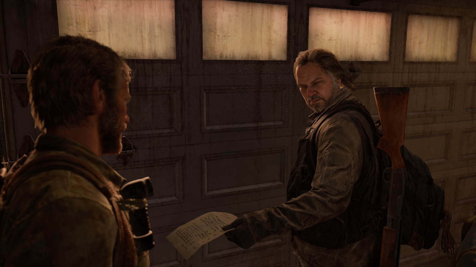 Bill receiving the Note from Frank during the High School Escape section of the Bill’s Town chapter in The Last of Us Part 1