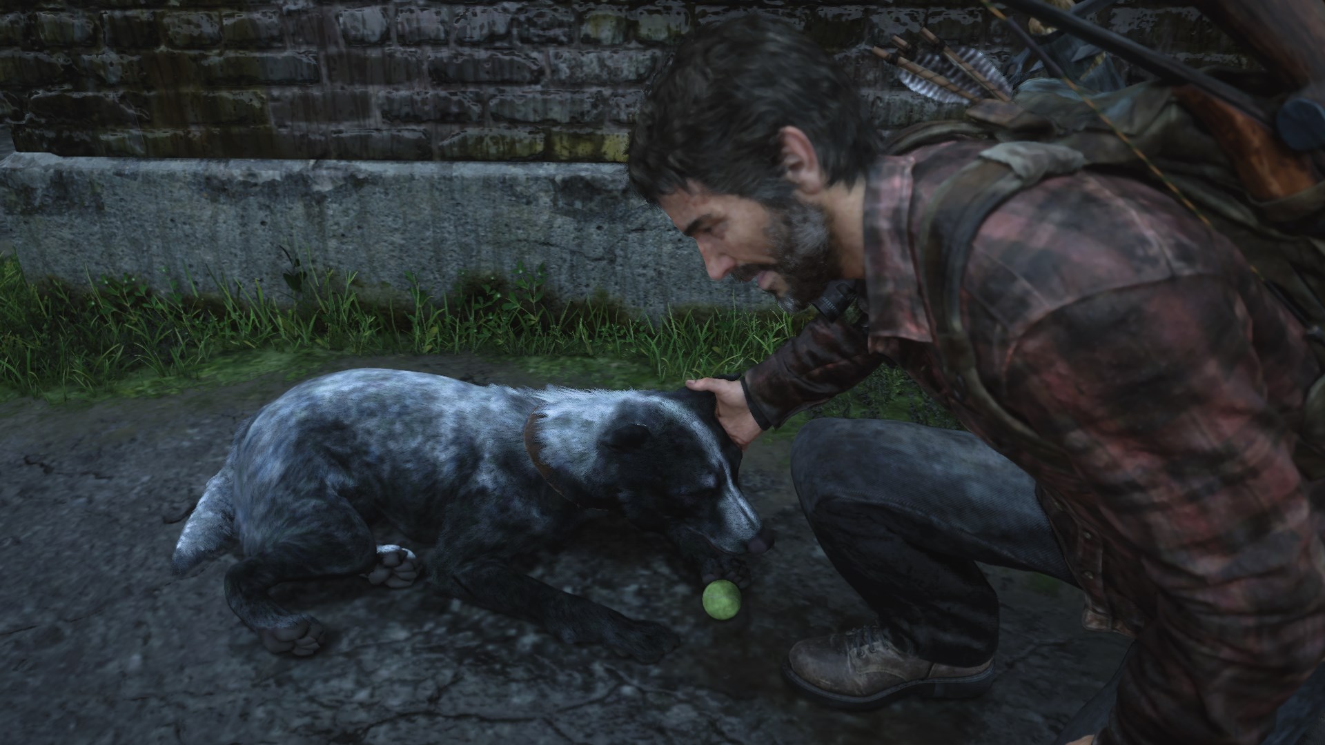 Joel pets Buckley in the Hydroelectric Dam section of The Tommy’s Dam chapter in The Last of Us Part 1