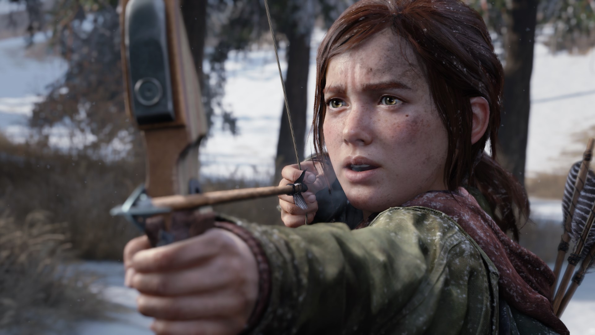 Ellie holding a drawn bow and arrow in The Last of Us Part 1