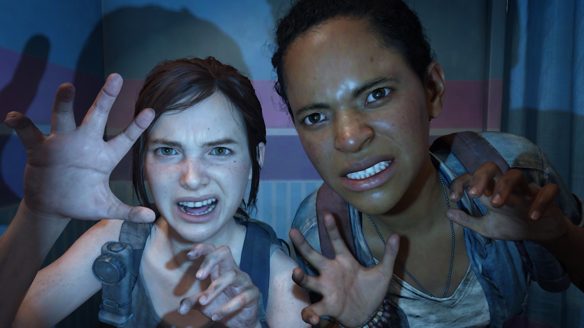 Ellie and Riley making a scary face in the Left Behind DLC of The Last of Us Part 1