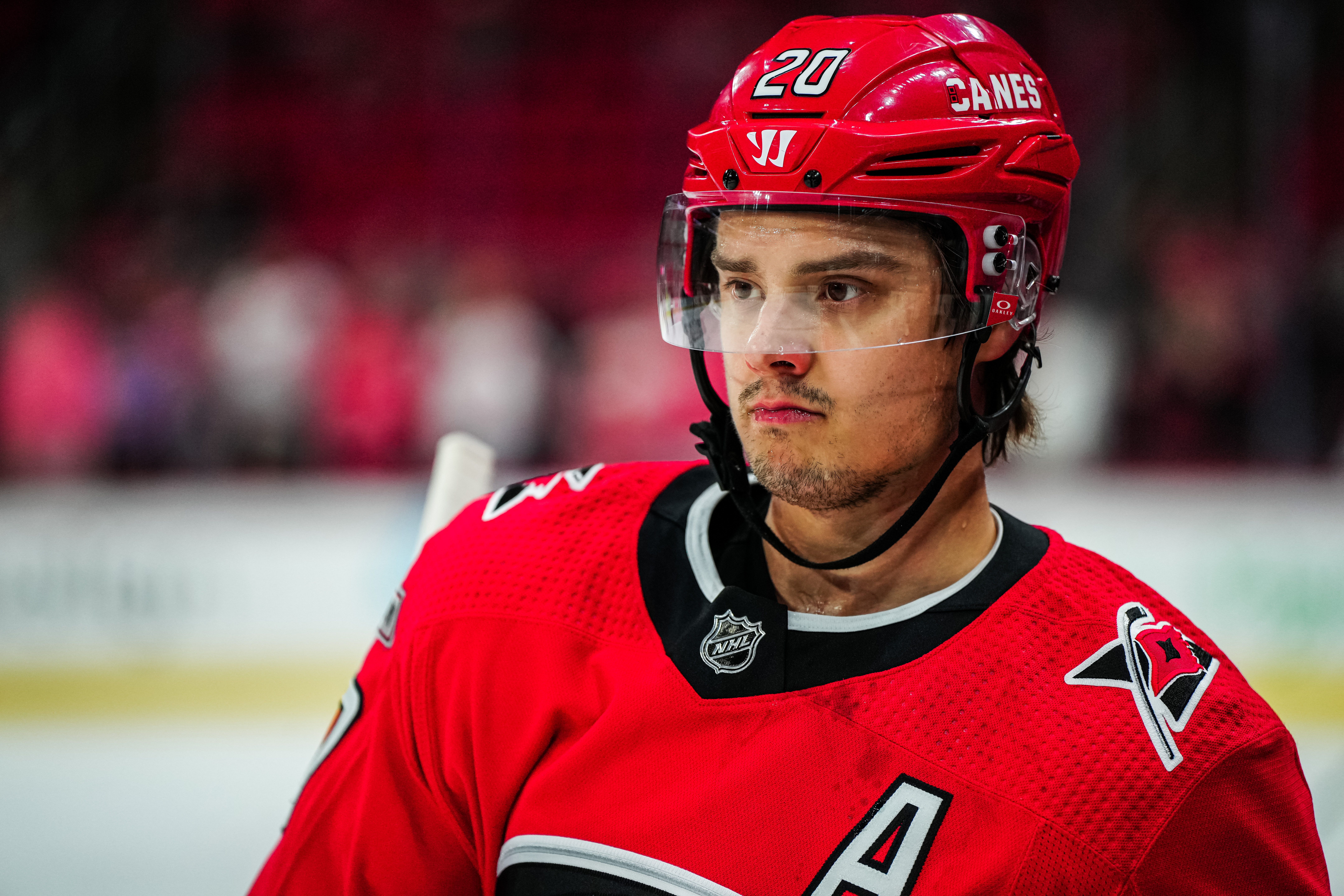 Sebastian Aho #20 of the Carolina Hurricanes warms up prior to a game against the Detroit Red Wings at PNC Arena on April 11, 2023 in Raleigh, North Carolina.