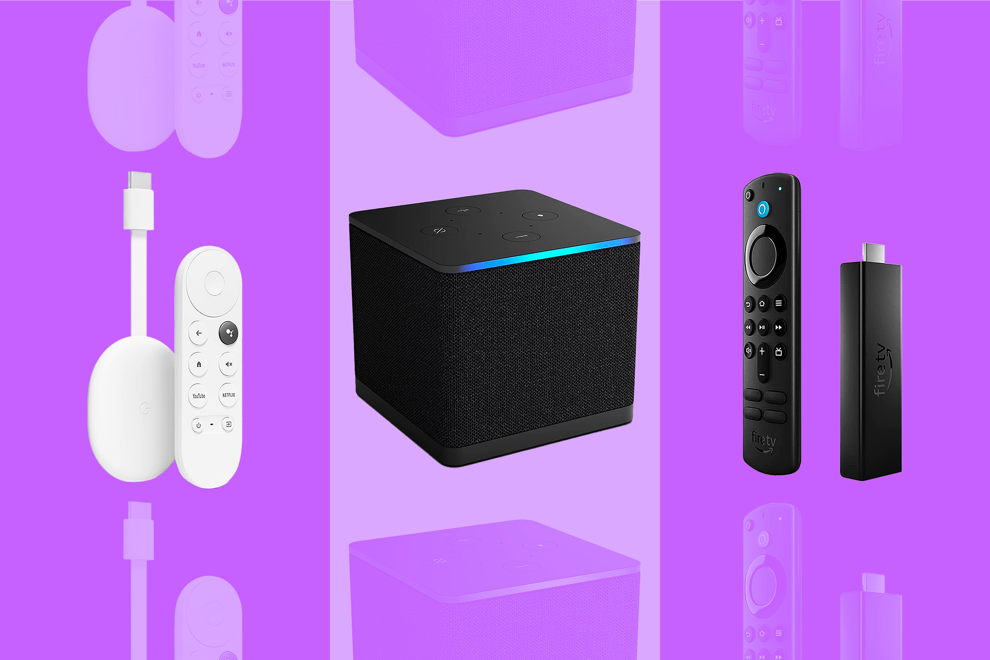 A graphic that shows the Chromecast with Google TV and its remote, the Amazon Fire TV Cube, and Amazon’s Fire TV Stick 4K Max on a purple background.
