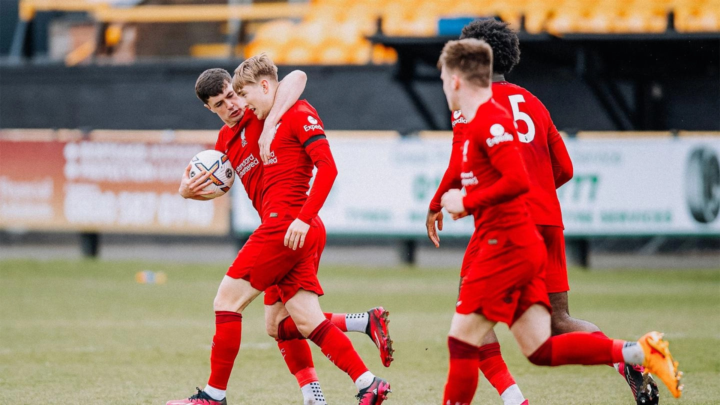 Max Woltman scores a late goal for Liverpool U21 against Everton on April 16, 2023. 