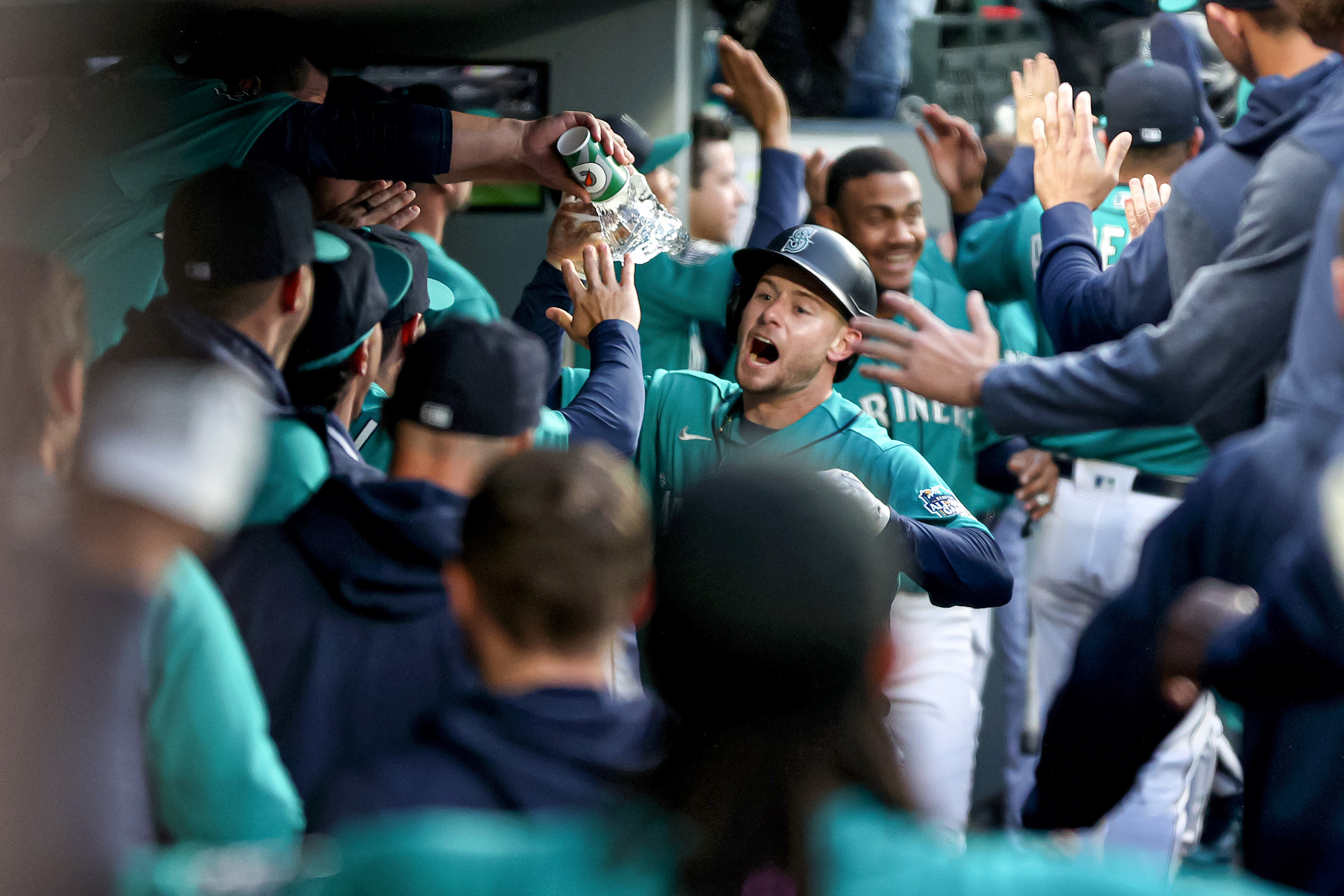 Jarred Kelenic celebrates his two run home run during the second inning against the Colorado Rockies at T-Mobile Park on April 14, 2023