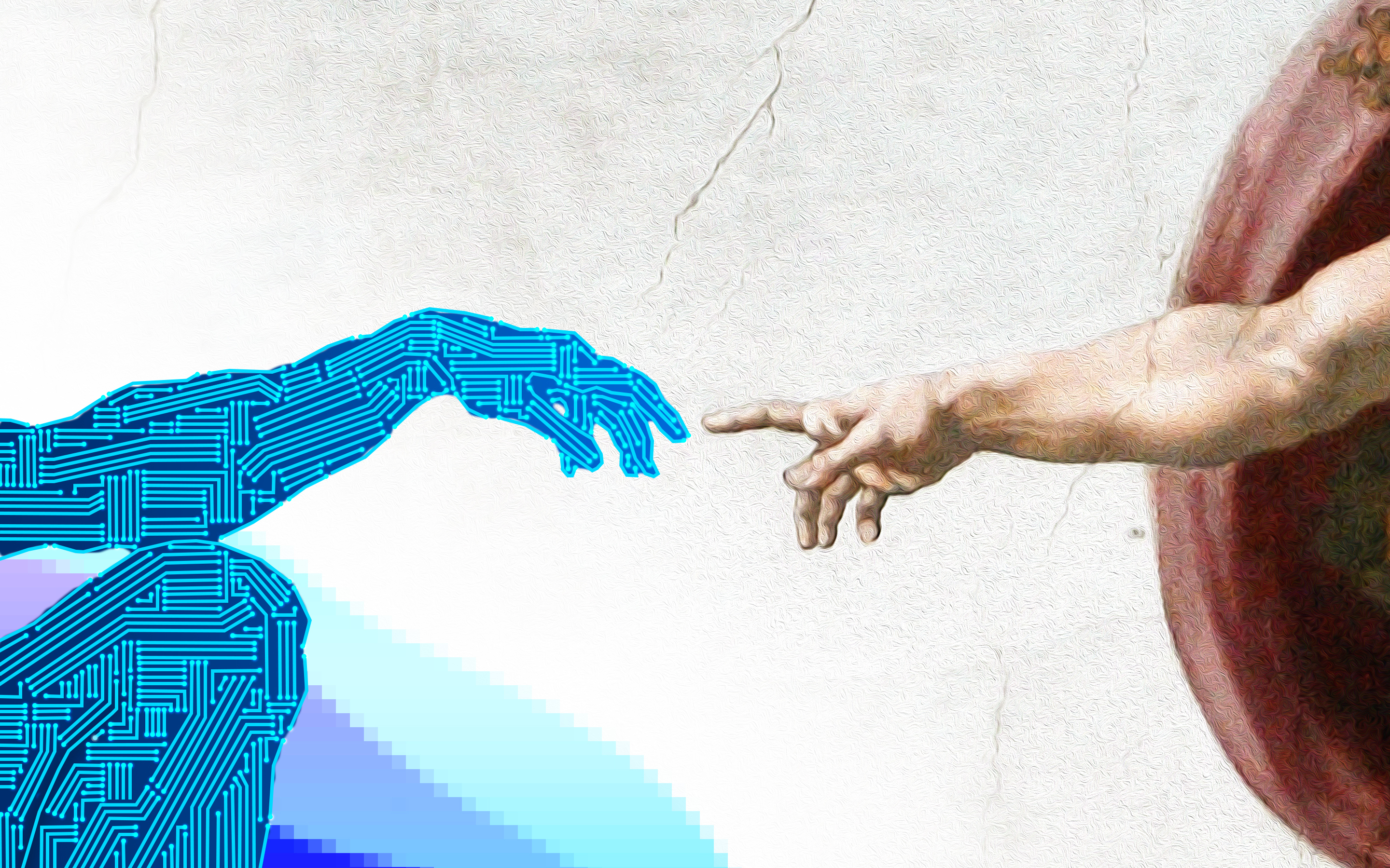 A version of Michelangelo’s painting “The Creation of Adam” with one body in digital blue, depicting the development of artificial intelligence and machine learning.