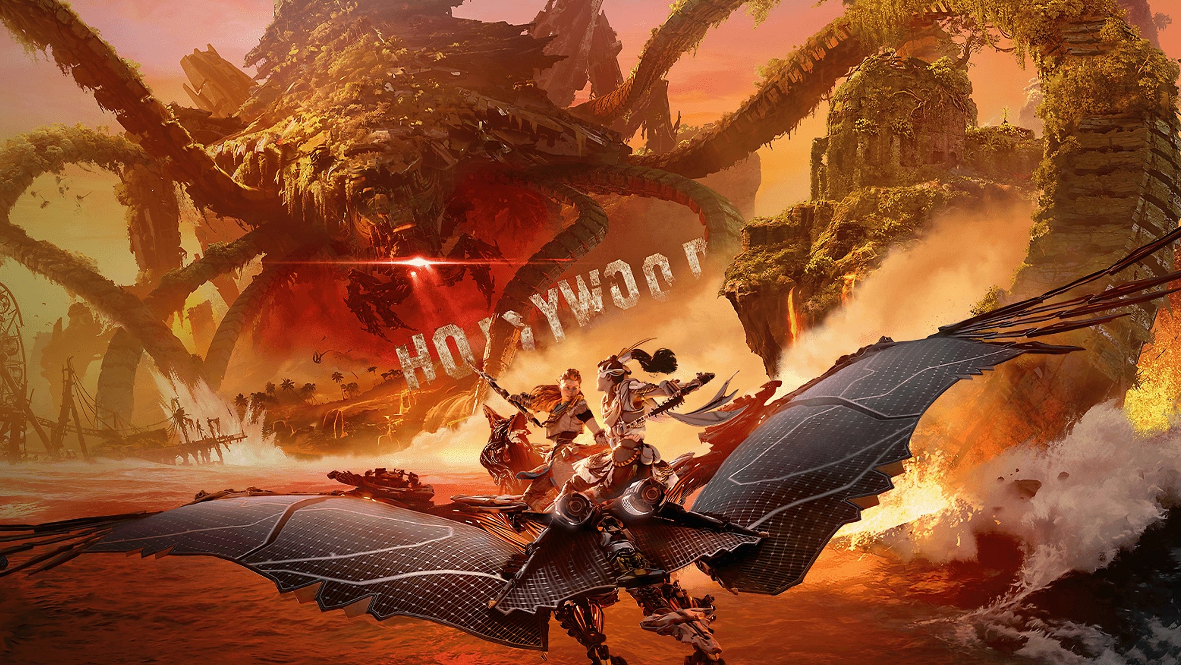 Horizon Forbidden West heroine Aloy and her new companion Seyka ride on the back of a Sunwing together in a promotional image for the Burning Shores DLC