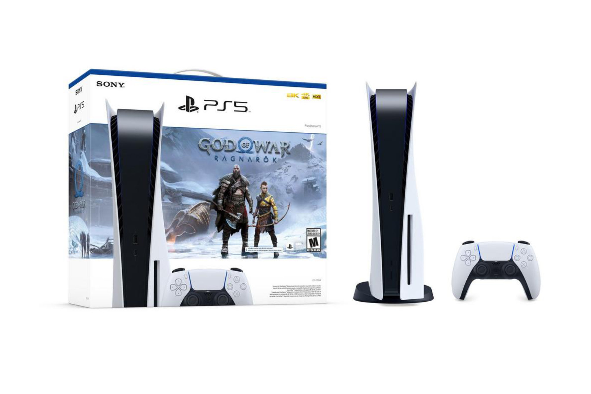 Sony’s God of War: Ragnarök PS5 bundle is shown. It contains the PlayStation 5 console, a DualSense controller, cables, plus a digital code for the God of War game.