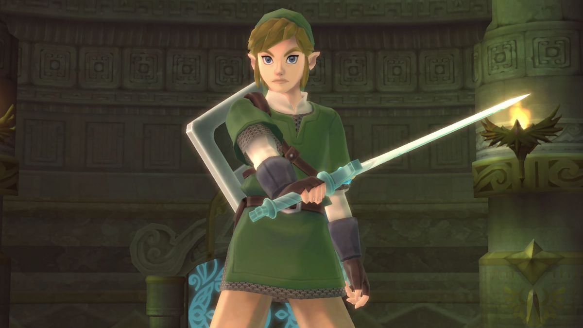 Link brandishes the Master Sword in The Legend of Zelda: Skyward Sword HD
