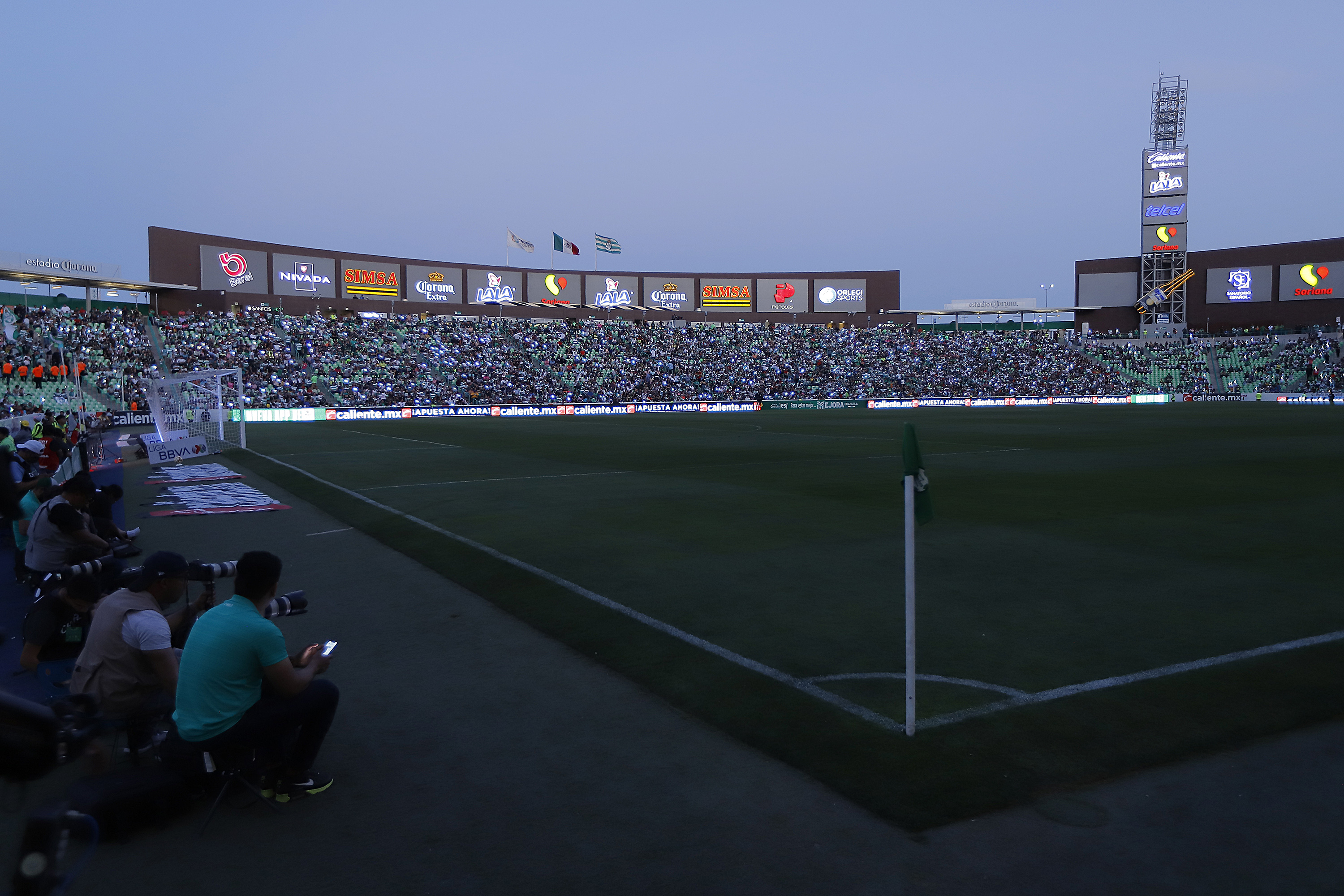 General view of TSM Corona Stadium corner flag during a momentary power outage in the 14th round match between Santos Laguna and Pachuca as part of the Torneo Clausura 2023 Liga MX on April 9, 2023 in Torreon, Mexico.
