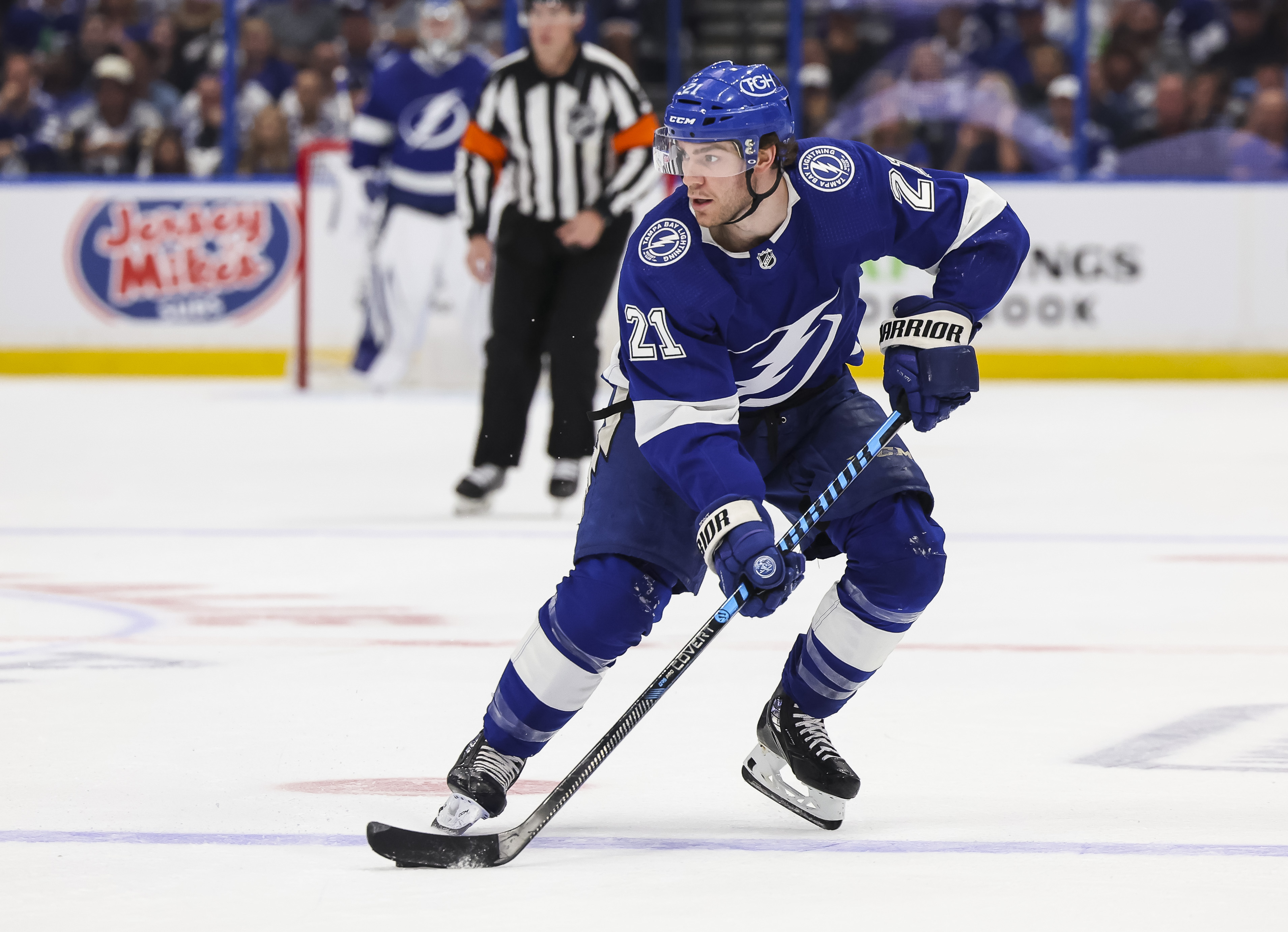 Brayden Point of the Tampa Bay Lightning against the Toronto Maple Leafs during the first period in Game Three of the First Round of the 2023 Stanley Cup Playoffs at Amalie Arena on April 22, 2023 in Tampa, Florida.