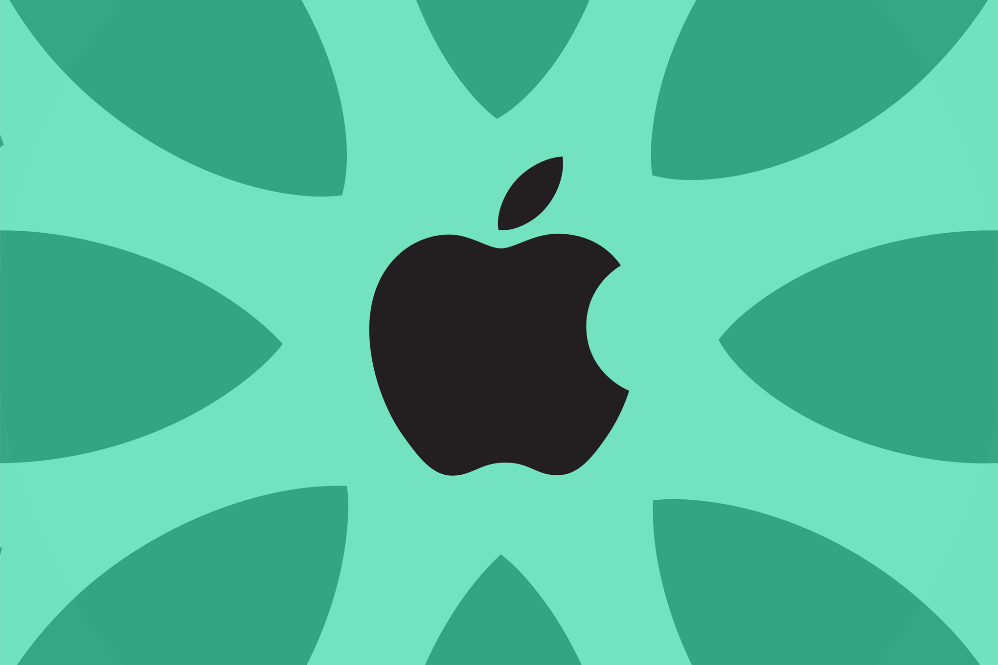 Green backdrop, black apple logo, apple leaves surrounding