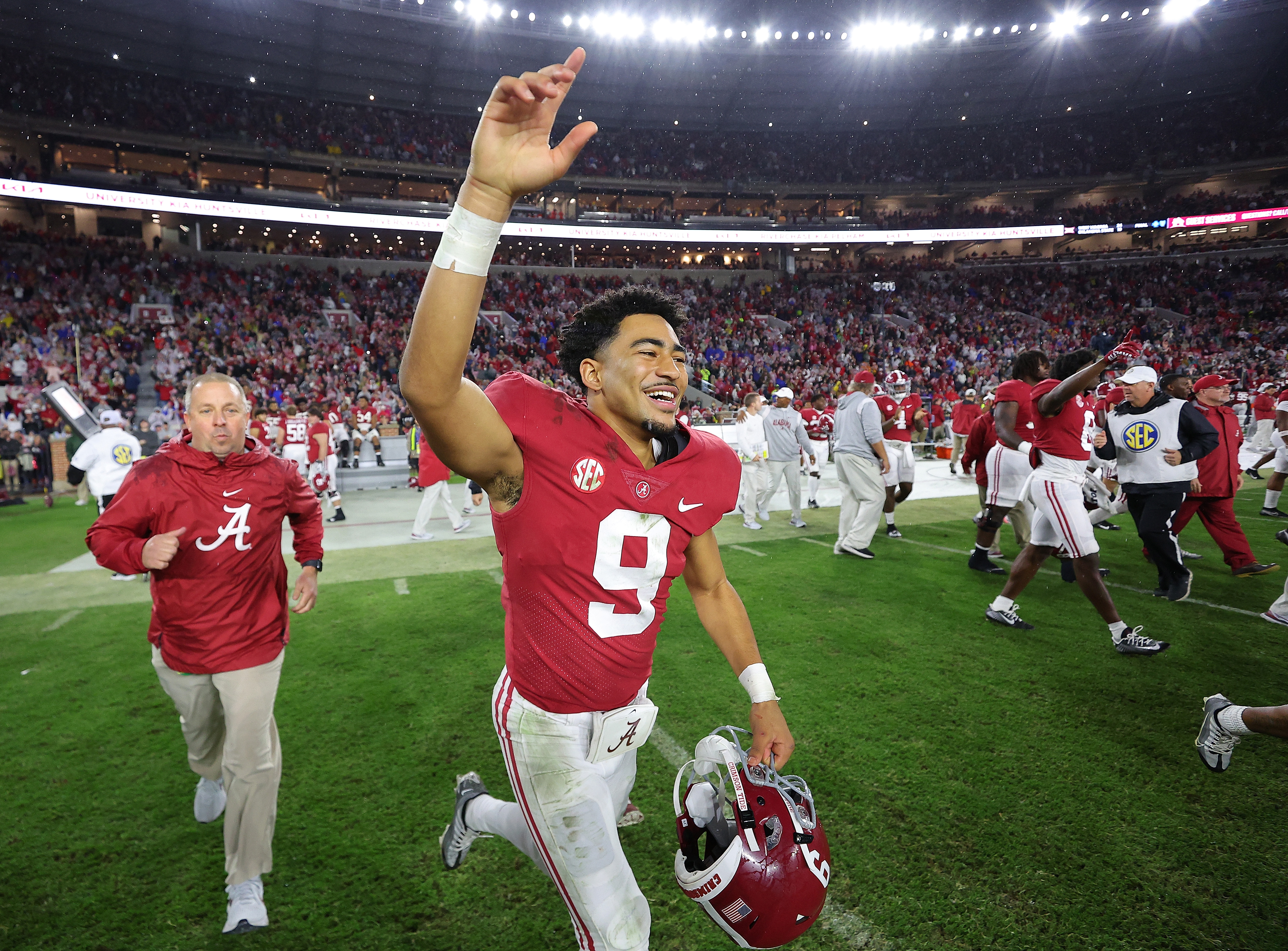 Bryce Young of the Alabama Crimson Tide reacts after their 49-27 win over the Auburn Tigers at Bryant-Denny Stadium on November 26, 2022 in Tuscaloosa, Alabama.