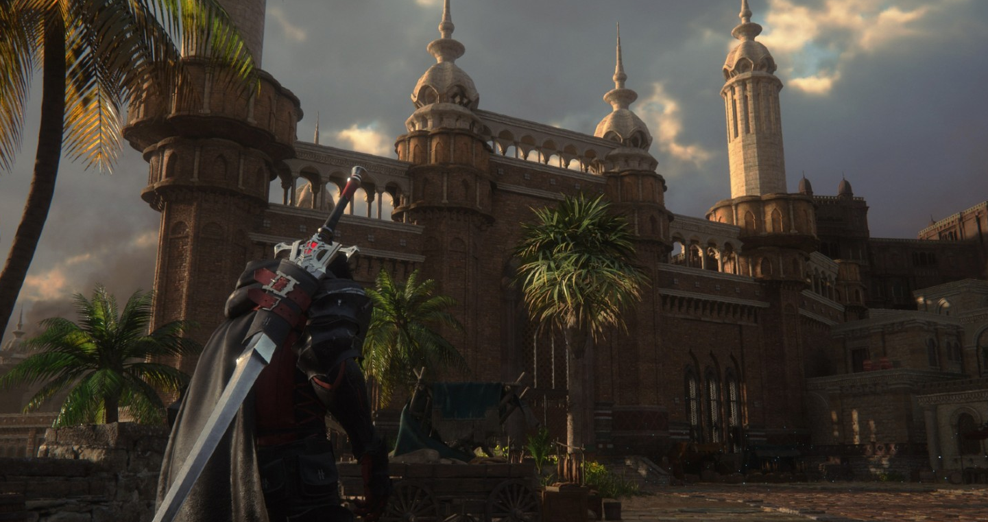 A screenshot showing gameplay of Final Fantasy 16. There’s a sun-drenched castle in the background, and the main character is among palm trees.