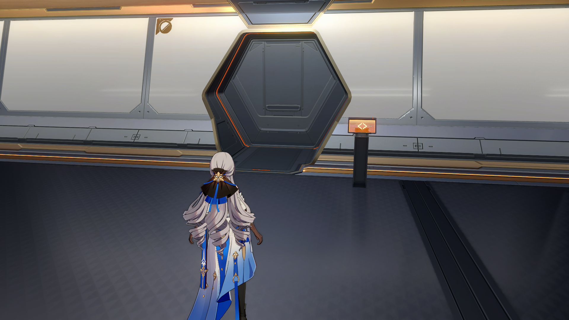 Bronya, person with very long hair and blue and white dress, standing in front of a locked hexagonal door with a control panel in Honkai: Star Rail.