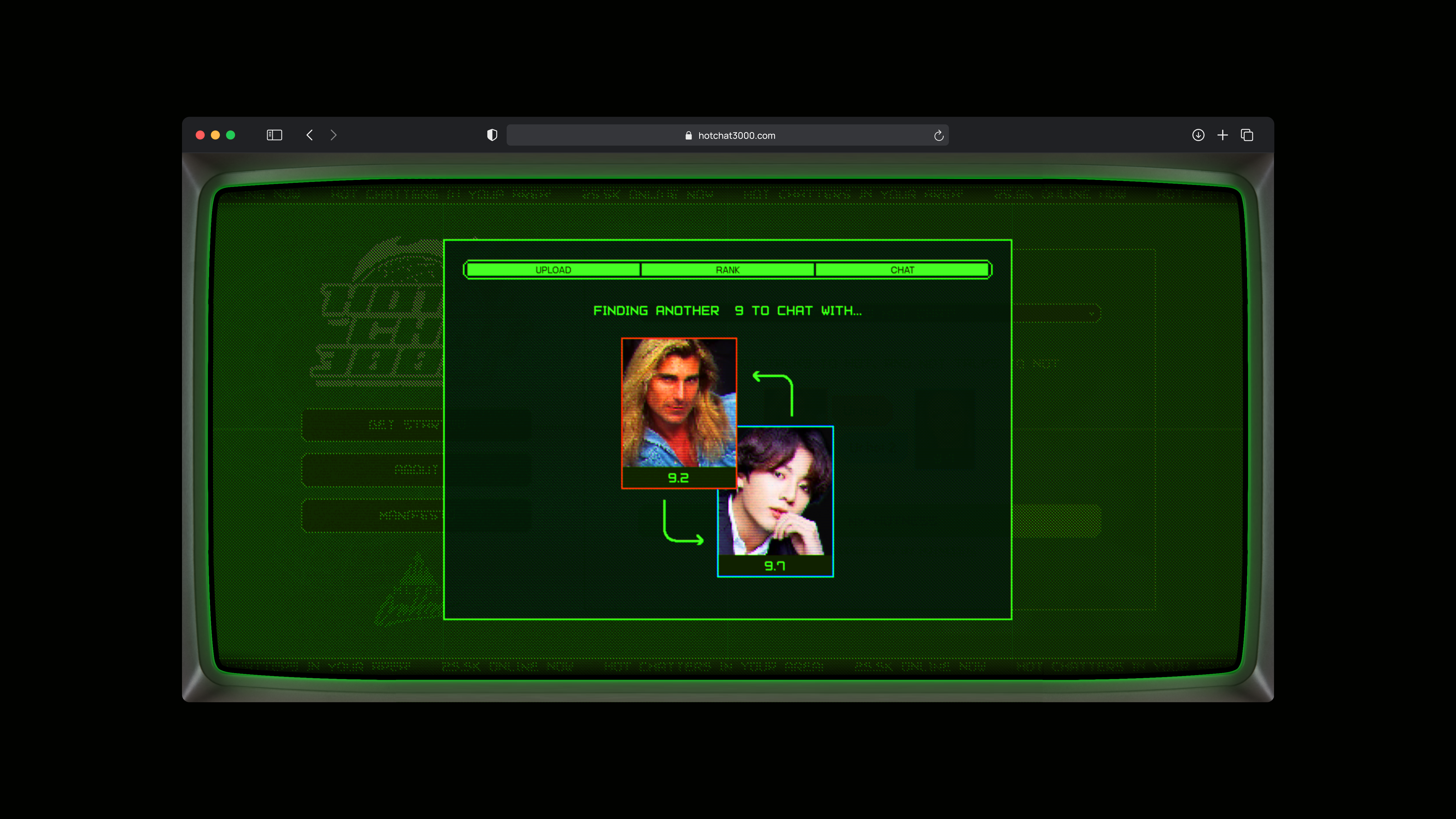 A screenshot of the Hot Chat 3000 AI interface, which is connecting two ‘nines’ to chat in their own personal room away from other, less attractive users.