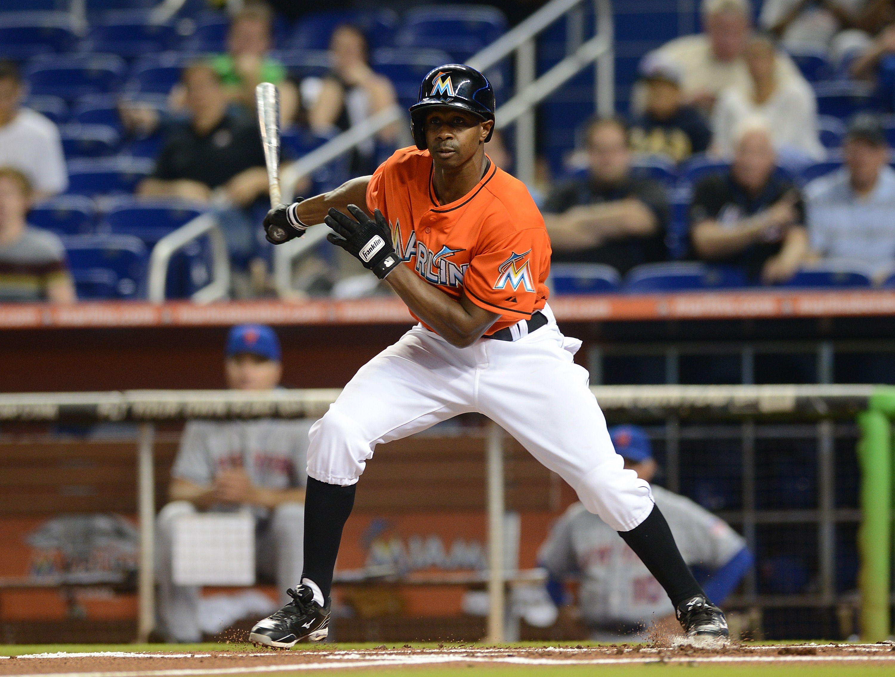 Juan Pierre #9 of the Miami Marlins hits during a game against the New York Mets at Marlins Park on April 30, 2013 in Miami, Florida.