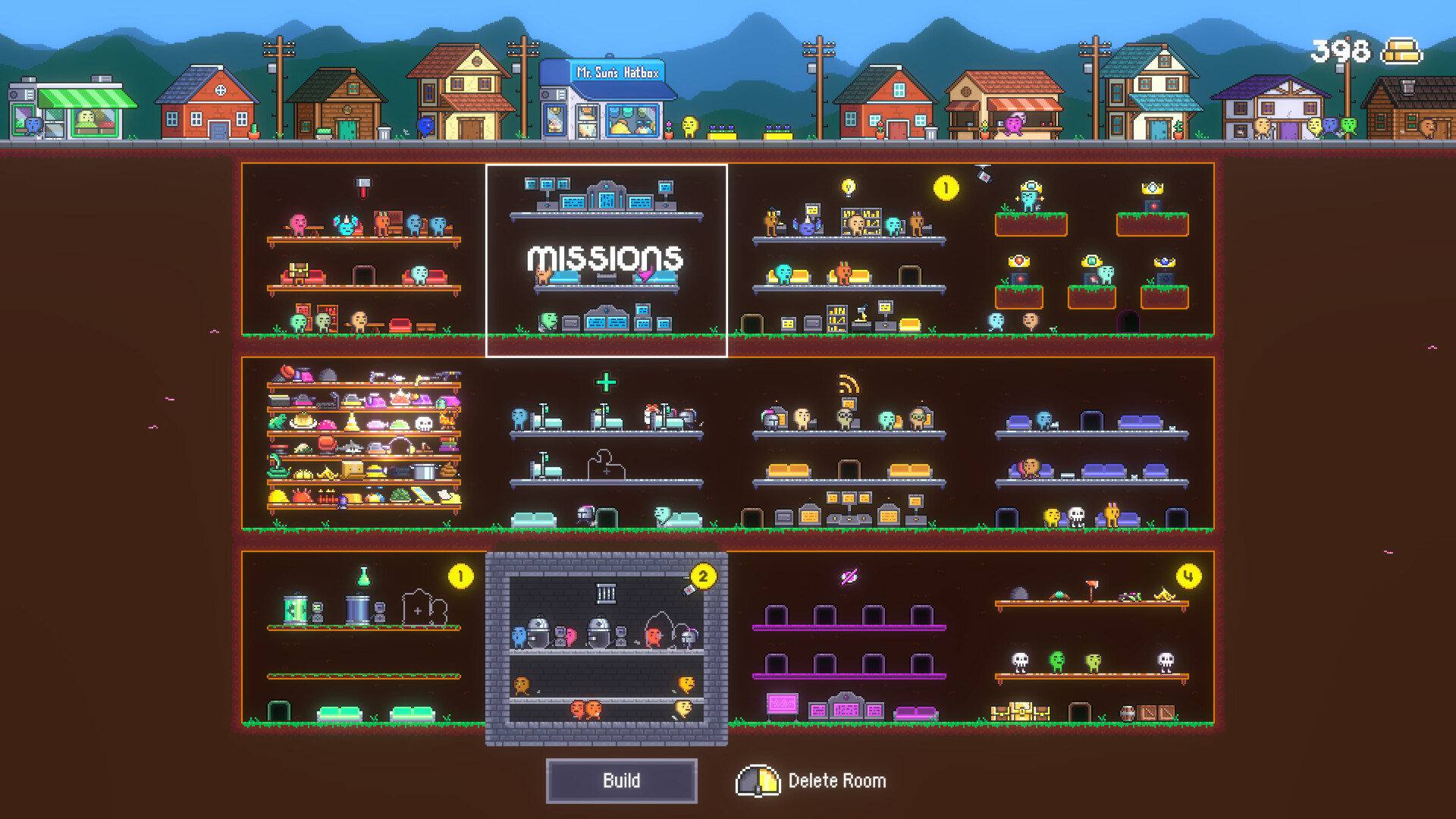 A screenshot of Mr. Sun’s Hatbox depicting a built-out version of the in-game base of operations for the delivery company “Amazin,” featuring rooms full of items and delivery personnel